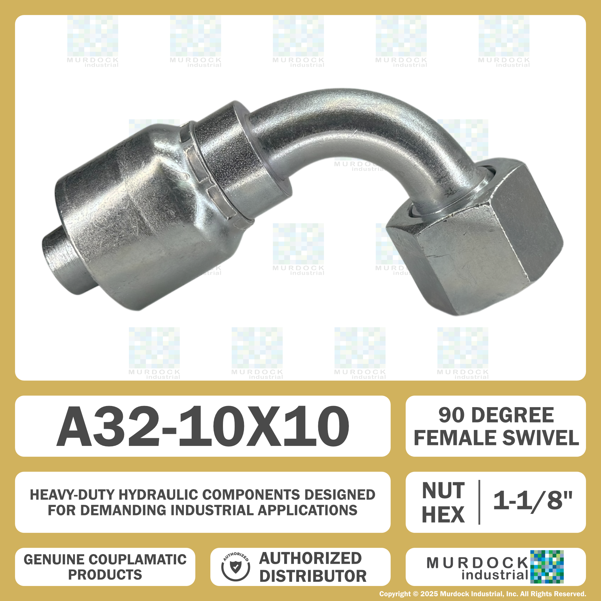 A32-10x10 by Couplamatic | A Series Coupling | 5/8" Hose ID x 1x14 Thread O-Ring Face Seal | ORF Female Swivel | 90° Elbow