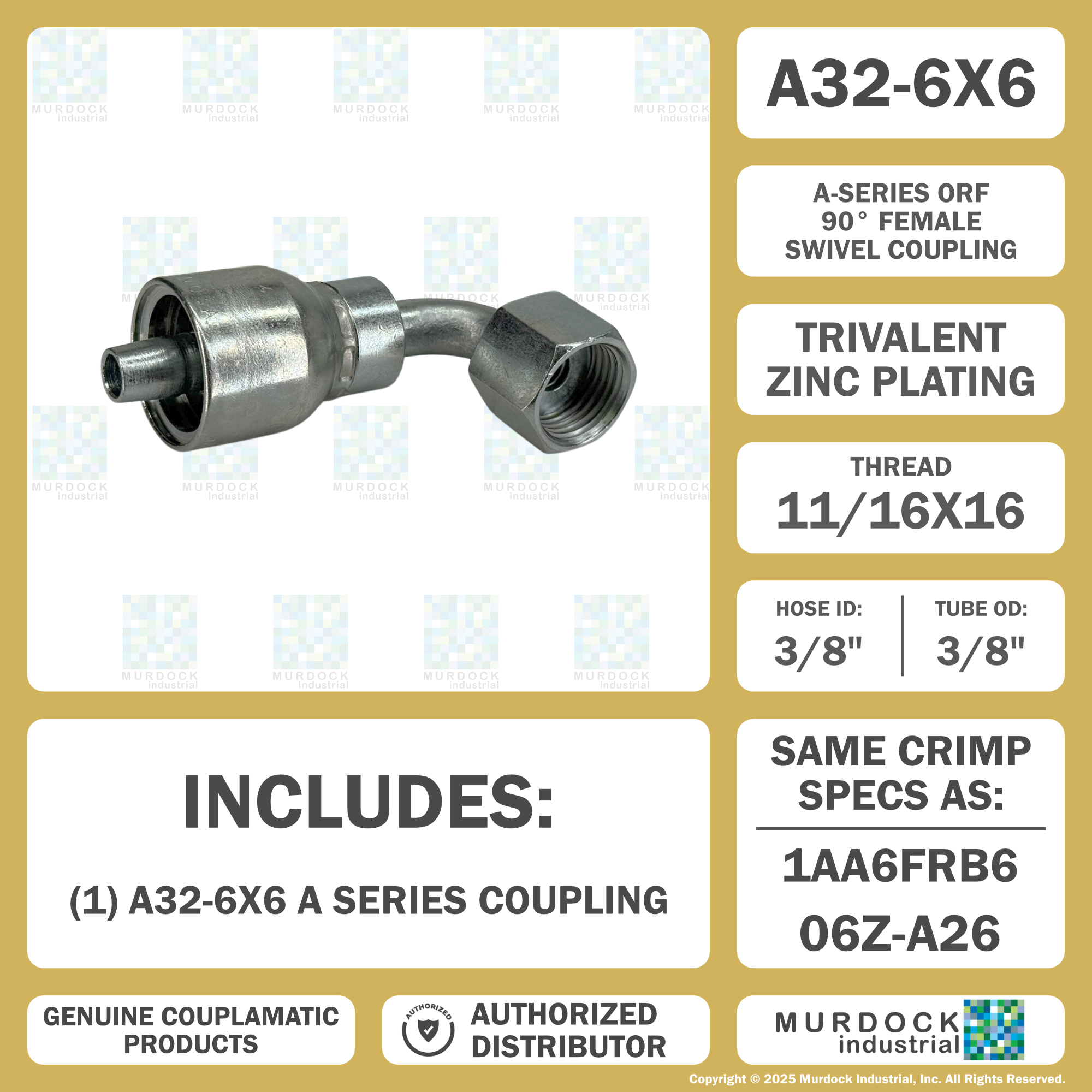 A32-6x6 by Couplamatic | A Series Coupling | 3/8" Hose ID x 11/16x16 Thread O-Ring Face Seal | ORF Female Swivel | 90° Elbow