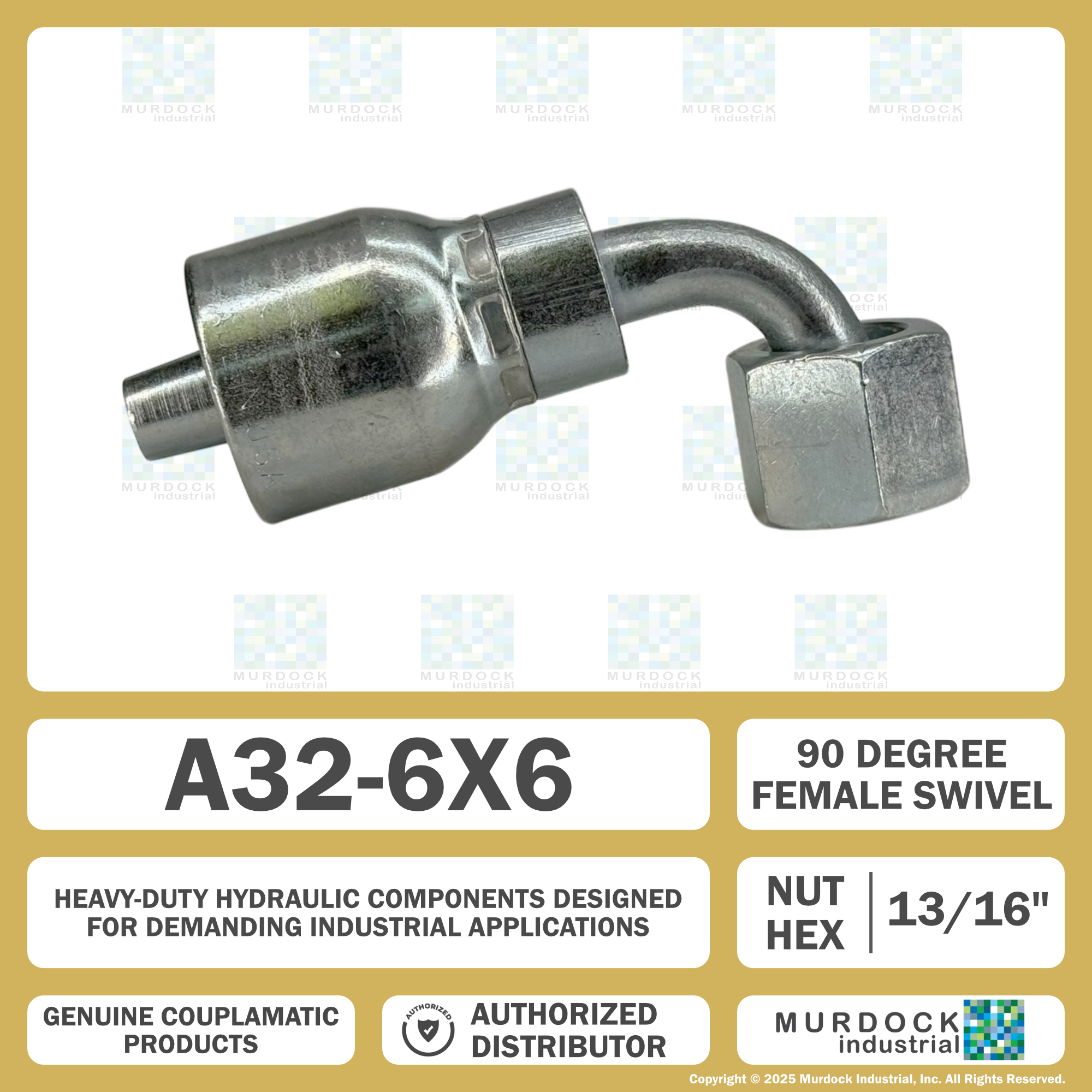 A32-6x6 by Couplamatic | A Series Coupling | 3/8" Hose ID x 11/16x16 Thread O-Ring Face Seal | ORF Female Swivel | 90° Elbow