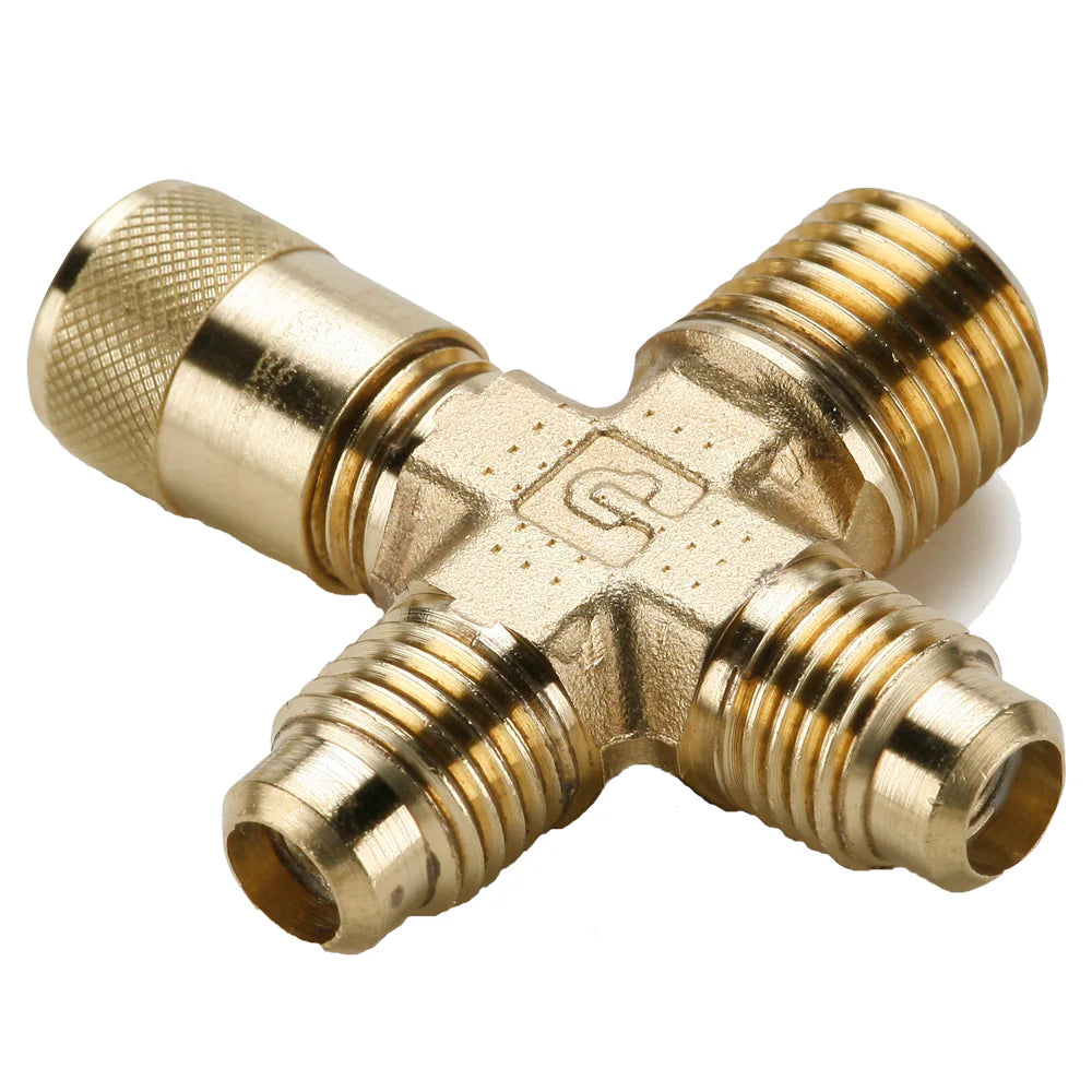 AVC1-4 by Parker | Access Valve | 1/4" Male Pipe or 5/16" O.D. Solder x 1/4" Access on all Flare Ends w/ One Core and Cap | Cross | Brass | Pack of 2