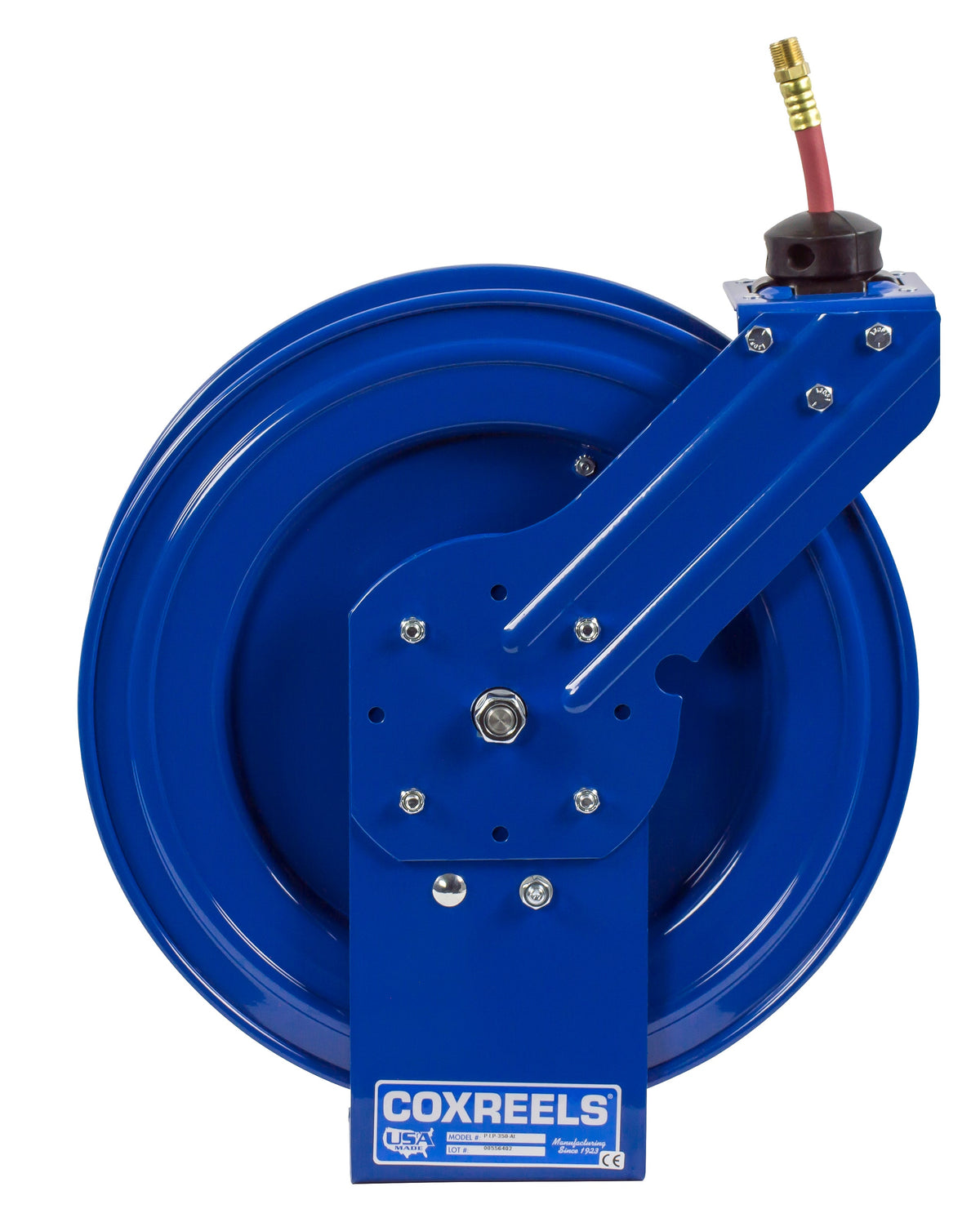 P-LP-150-AL by Coxreels | Alumi-Pro Series | 300 PSI Spring Driven Hose Reel for Air & Water | 1/4" Hose ID, 1/4" FNPT Inlet x 1/4" MNPT Hose End | Aluminum | 50ft PVC Hose Included