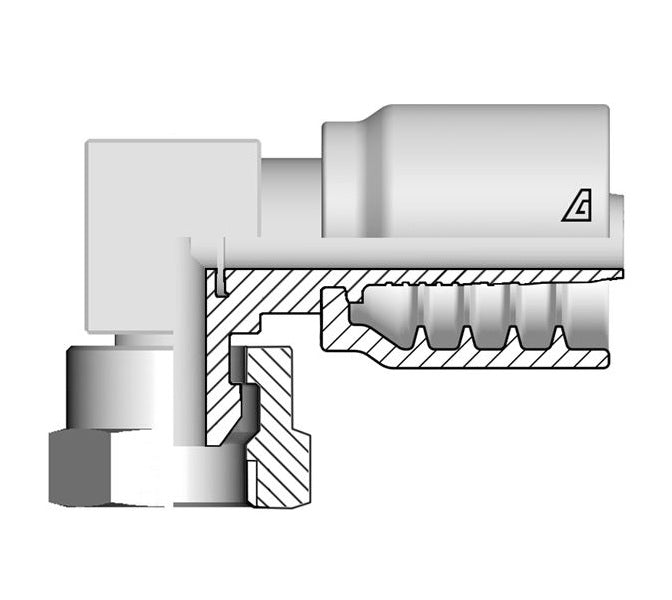 B-1212-FBC9 Alfagomma by Kuriyama | B Series | One-Piece AlfaCrimp Hydraulic Hose Fitting | Compact 90° Elbow | -12 Hose ID x -12 Female BSPP 60° Cone | Steel