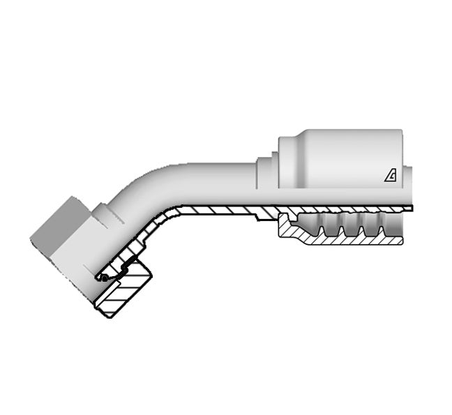 B-0606-FBO4 Alfagomma by Kuriyama | B Series | One-Piece AlfaCrimp Hydraulic Hose Fitting | 45° Elbow | -06 Hose ID x -06 Female BSPP 60° Cone with O-Ring | Steel