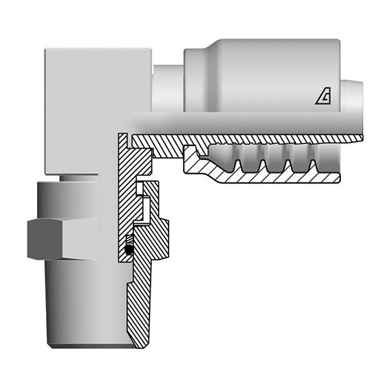 B-1212-MPS9 Alfagomma by Kuriyama | B Series | One-Piece AlfaCrimp Hydraulic Hose Fitting | Compact 90° Elbow | -12 Hose ID x -12 Male NPTF 60° Seat Swivel | Steel