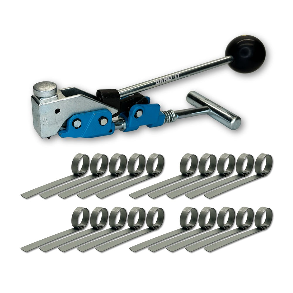 T30069-CP0399-20 by Band-It | Center Punch Clamps & Installation Tool Kit | 0.8125" ID | 3/8" Width | 0.025" Thickness | Galvanized Carbon Steel