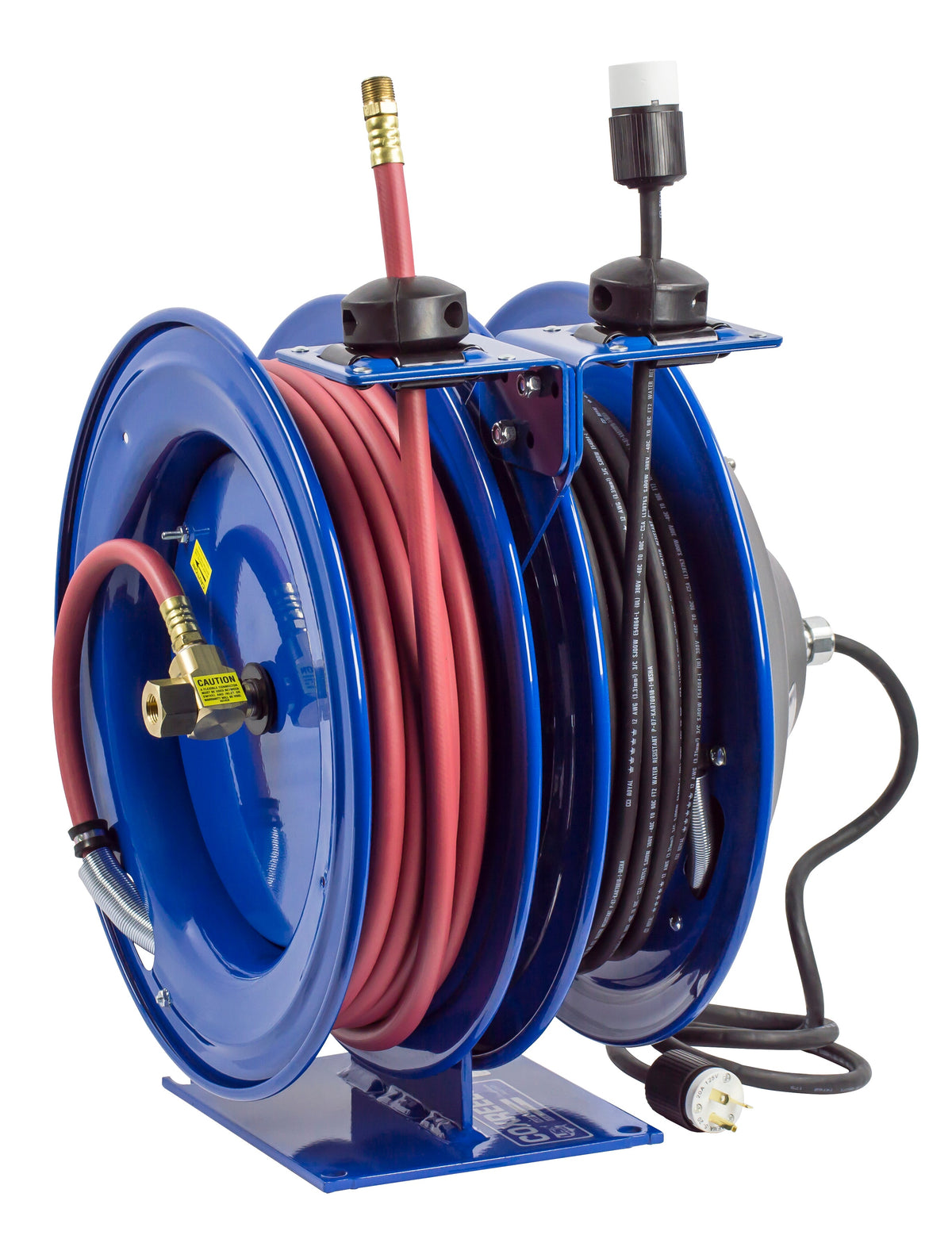 C-L350-5012-A by Coxreels | C Air-Electric | 300 PSI Spring Driven Air Hose & Power Cord Combo Reel w/ Industrial Receptacle | 3/8" Hose ID, 3/8" FNPT Inlet x 3/8" MNPT Hose End | 12/3 SJO Cord, 20A | Steel | 50ft PVC Hose & 50ft Cord Included