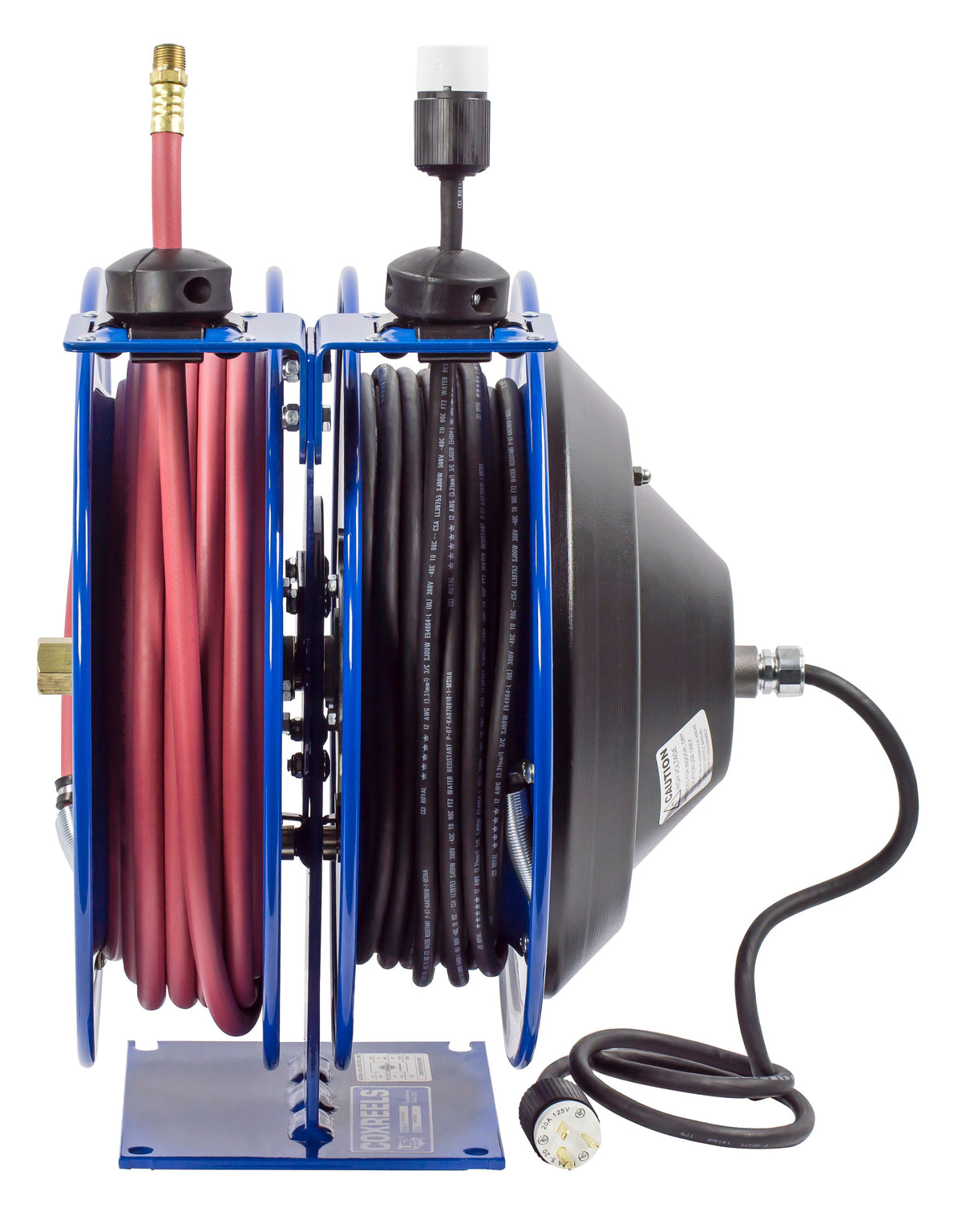 C-L350-5016-A by Coxreels | C Air-Electric | 300 PSI Spring Driven Air Hose & Power Cord Combo Reel w/ Industrial Receptacle | 3/8" Hose ID, 3/8" FNPT Inlet x 3/8" MNPT Hose End | 16/3 SJTO Cord, 13A | Steel | 50ft PVC Hose & 50ft Cord Included