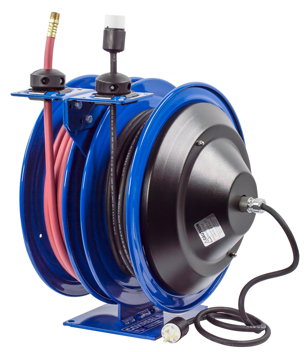 C-L350-5012-A by Coxreels | C Air-Electric | 300 PSI Spring Driven Air Hose & Power Cord Combo Reel w/ Industrial Receptacle | 3/8" Hose ID, 3/8" FNPT Inlet x 3/8" MNPT Hose End | 12/3 SJO Cord, 20A | Steel | 50ft PVC Hose & 50ft Cord Included