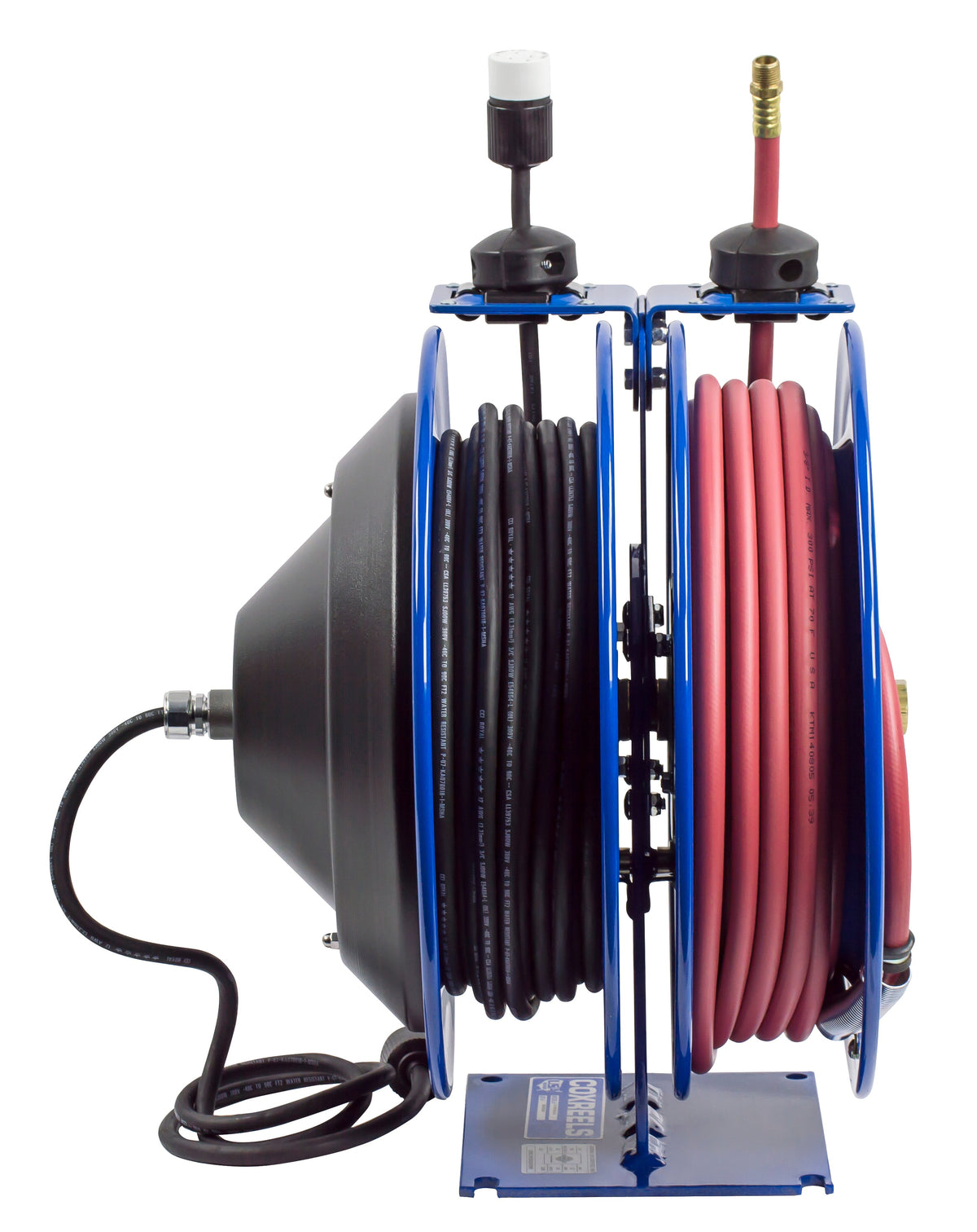 C-L350-5016-A by Coxreels | C Air-Electric | 300 PSI Spring Driven Air Hose & Power Cord Combo Reel w/ Industrial Receptacle | 3/8" Hose ID, 3/8" FNPT Inlet x 3/8" MNPT Hose End | 16/3 SJTO Cord, 13A | Steel | 50ft PVC Hose & 50ft Cord Included