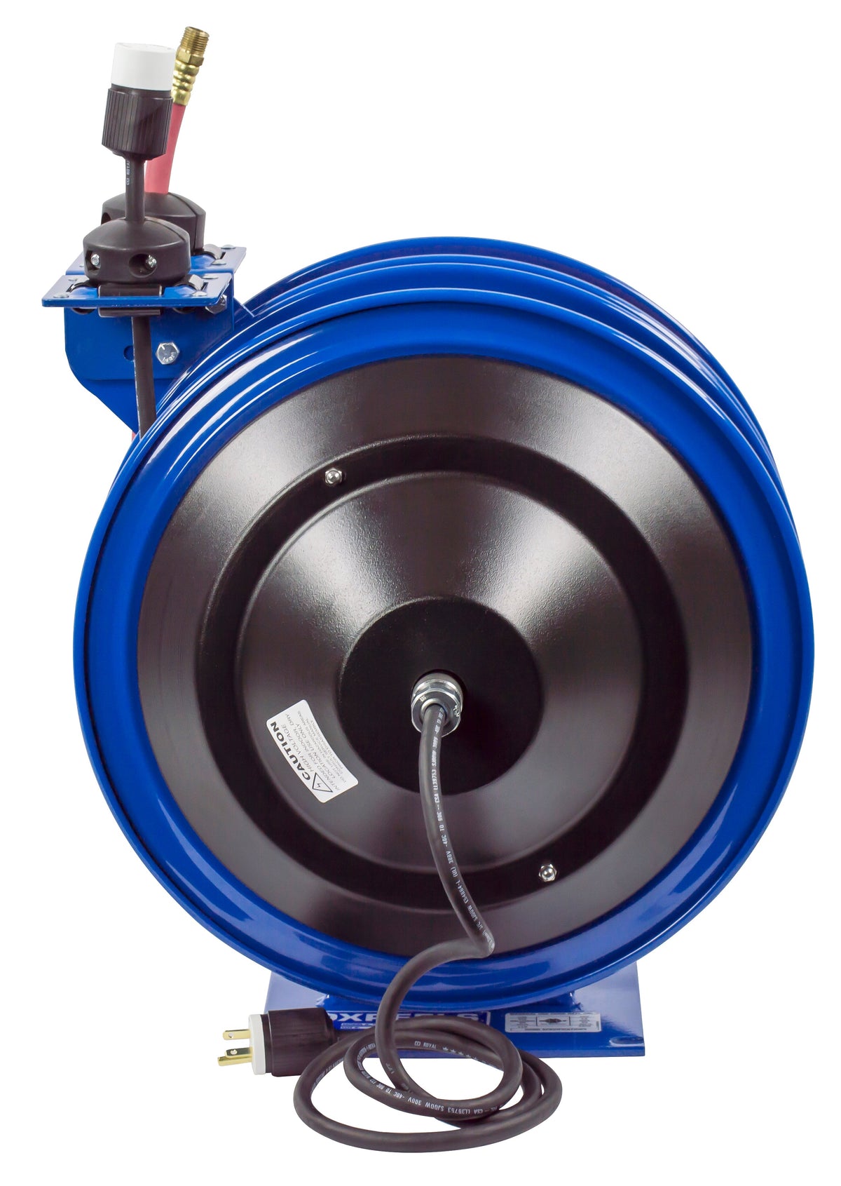 C-L350-5012-A by Coxreels | C Air-Electric | 300 PSI Spring Driven Air Hose & Power Cord Combo Reel w/ Industrial Receptacle | 3/8" Hose ID, 3/8" FNPT Inlet x 3/8" MNPT Hose End | 12/3 SJO Cord, 20A | Steel | 50ft PVC Hose & 50ft Cord Included