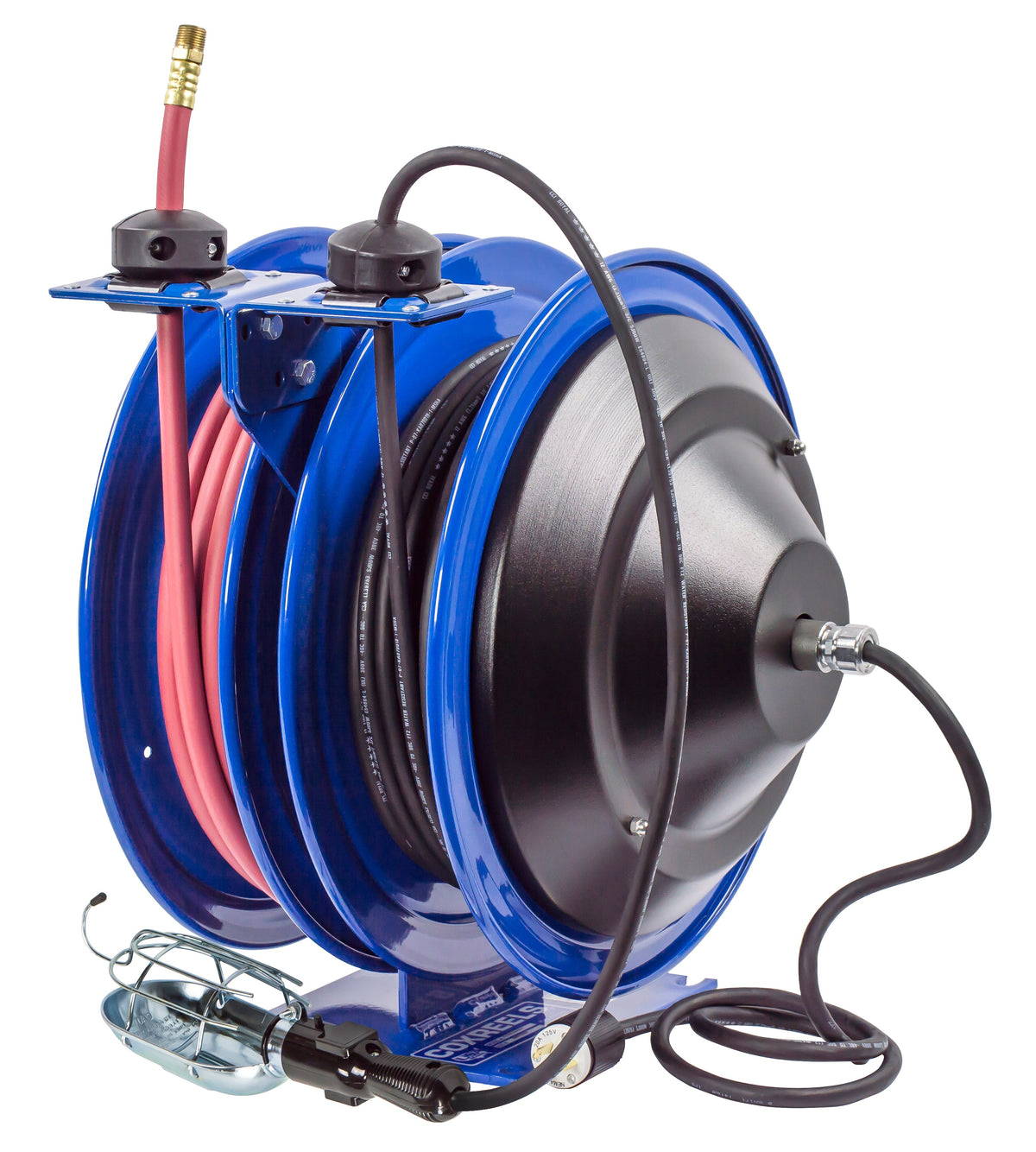 C-L350-5016-E by Coxreels | C Air-Electric | 300 PSI Spring Driven Air Hose & Power Cord Combo Reel w/ Incandescent Cage Light | 3/8" Hose ID, 3/8" FNPT Inlet x 3/8" MNPT Hose End | 16/3 SJTO Cord, 13A | Steel | 50ft PVC Hose & 50ft Cord Included