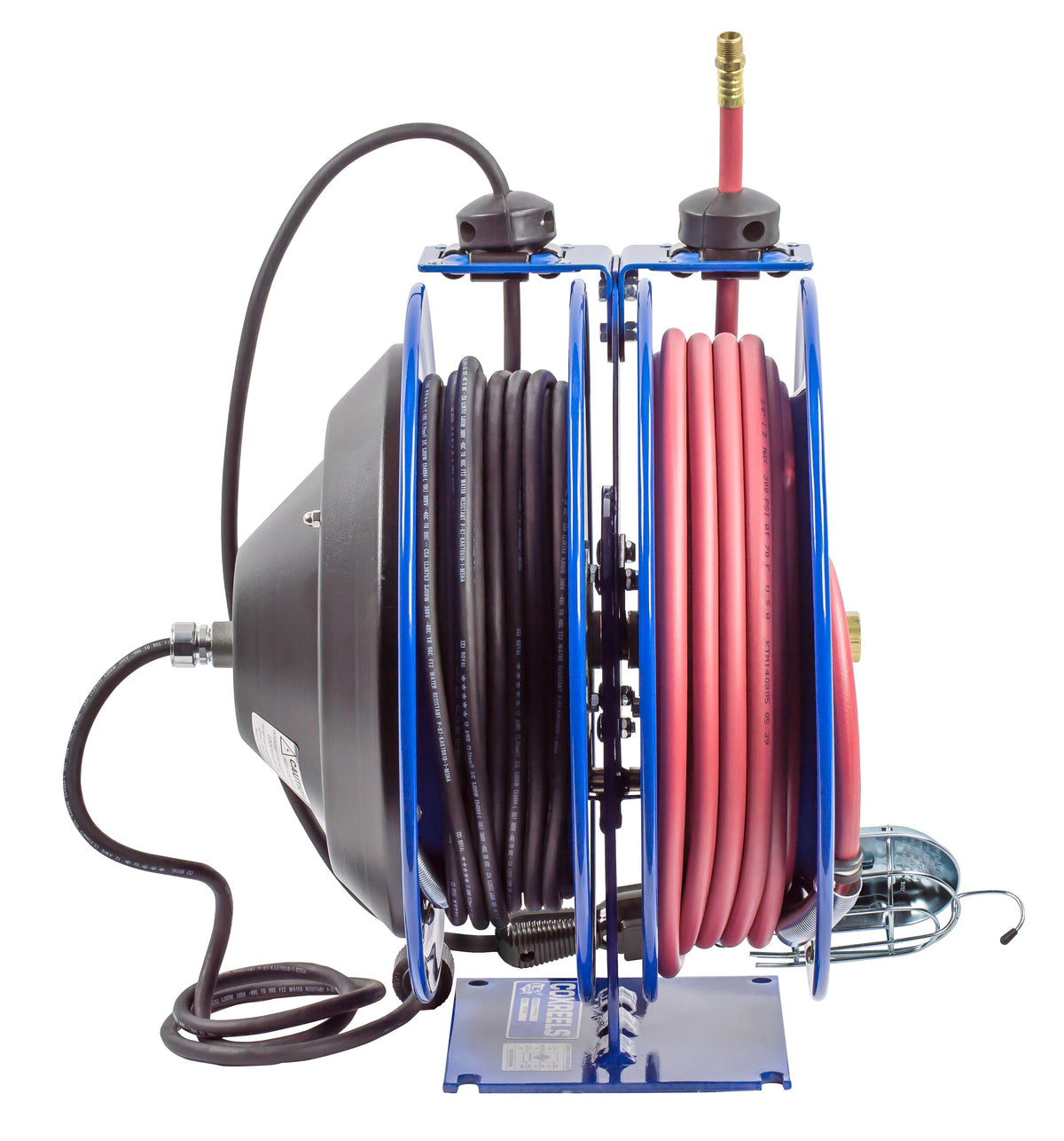 C-L350-5016-E by Coxreels | C Air-Electric | 300 PSI Spring Driven Air Hose & Power Cord Combo Reel w/ Incandescent Cage Light | 3/8" Hose ID, 3/8" FNPT Inlet x 3/8" MNPT Hose End | 16/3 SJTO Cord, 13A | Steel | 50ft PVC Hose & 50ft Cord Included