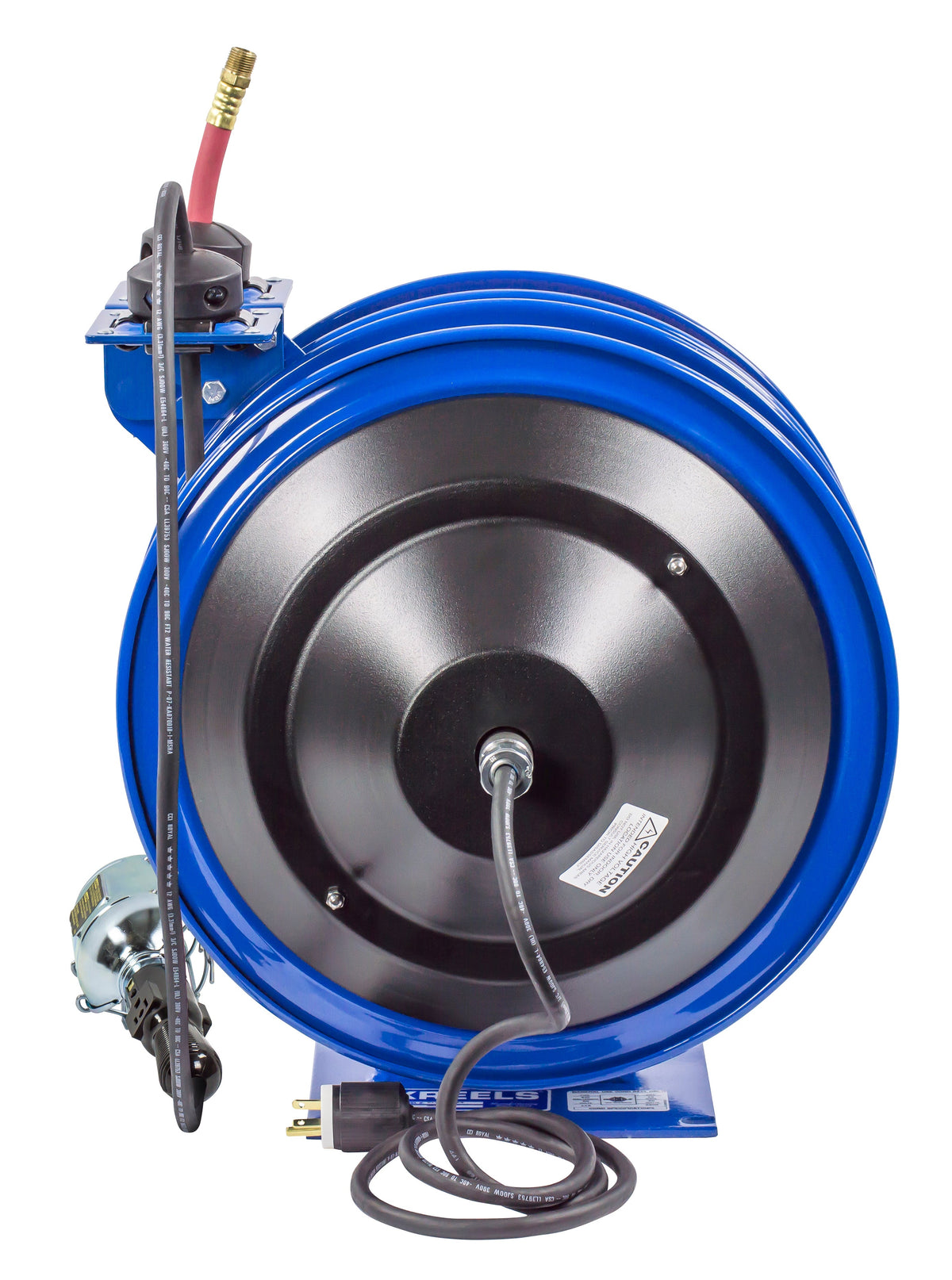 C-L350-5016-E by Coxreels | C Air-Electric | 300 PSI Spring Driven Air Hose & Power Cord Combo Reel w/ Incandescent Cage Light | 3/8" Hose ID, 3/8" FNPT Inlet x 3/8" MNPT Hose End | 16/3 SJTO Cord, 13A | Steel | 50ft PVC Hose & 50ft Cord Included