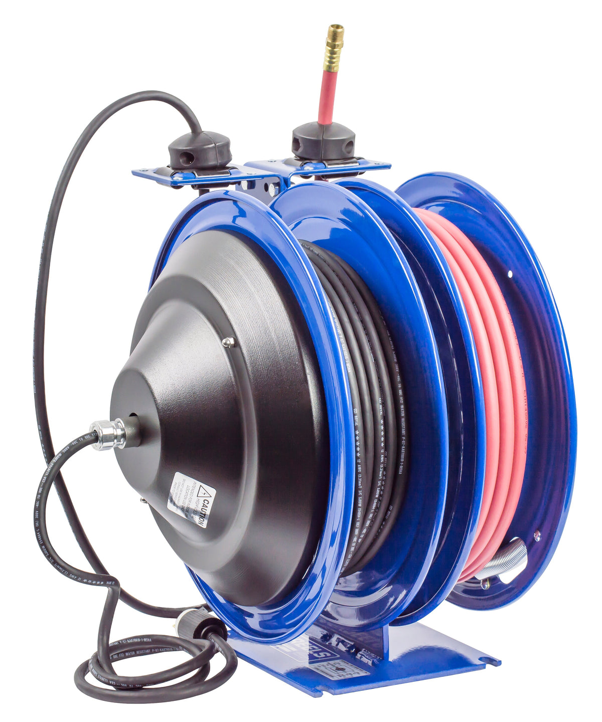 C-L350-5016-E by Coxreels | C Air-Electric | 300 PSI Spring Driven Air Hose & Power Cord Combo Reel w/ Incandescent Cage Light | 3/8" Hose ID, 3/8" FNPT Inlet x 3/8" MNPT Hose End | 16/3 SJTO Cord, 13A | Steel | 50ft PVC Hose & 50ft Cord Included