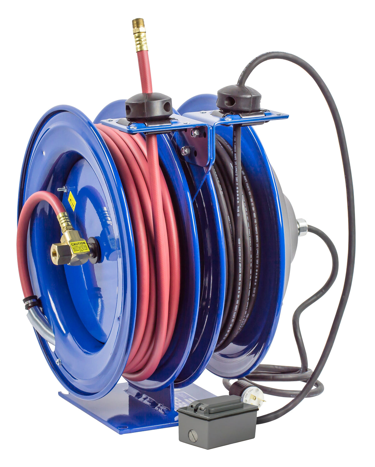 C-L350-5016-F by Coxreels | C Air-Electric | 300 PSI Spring Driven Air Hose & Power Cord Combo Reel w/ GFCI Receptacle | 3/8" Hose ID, 3/8" FNPT Inlet x 3/8" MNPT Hose End | 16/3 SJTO Cord, 13A | Steel | 50ft PVC Hose & 50ft Cord Included