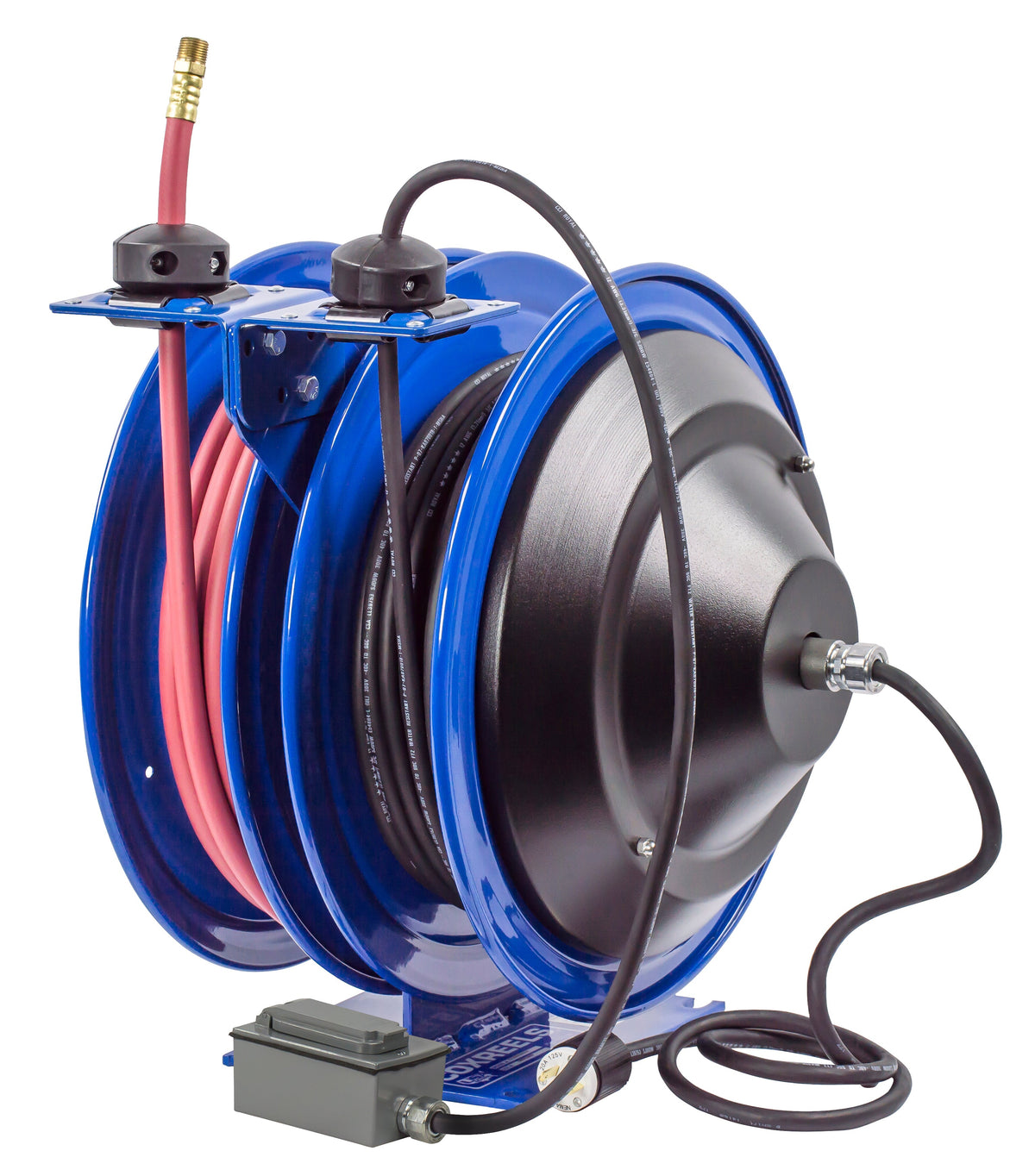 C-L350-5012-F by Coxreels | C Air-Electric | 300 PSI Spring Driven Air Hose & Power Cord Combo Reel w/ GFCI Receptacle | 3/8" Hose ID, 3/8" FNPT Inlet x 3/8" MNPT Hose End | 12/3 SJO Cord, 20A | Steel | 50ft PVC Hose & 50ft Cord Included