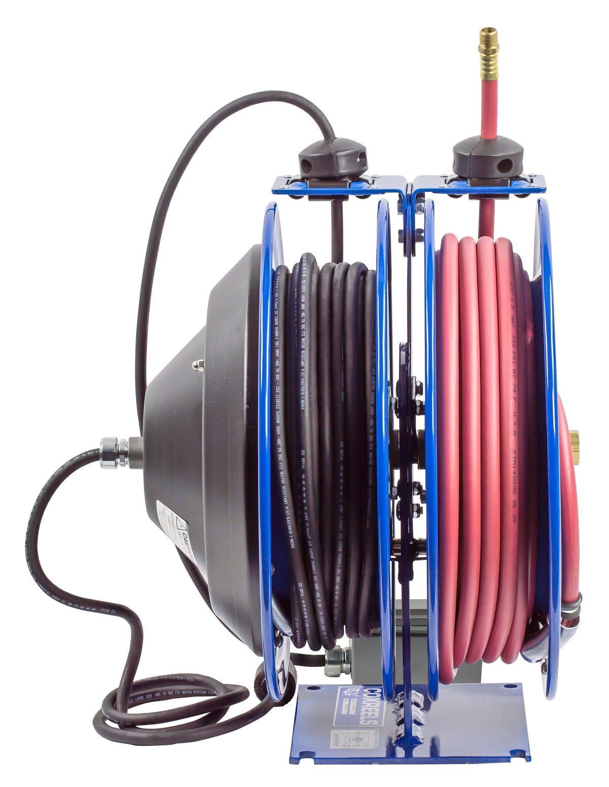 C-L350-5012-F by Coxreels | C Air-Electric | 300 PSI Spring Driven Air Hose & Power Cord Combo Reel w/ GFCI Receptacle | 3/8" Hose ID, 3/8" FNPT Inlet x 3/8" MNPT Hose End | 12/3 SJO Cord, 20A | Steel | 50ft PVC Hose & 50ft Cord Included