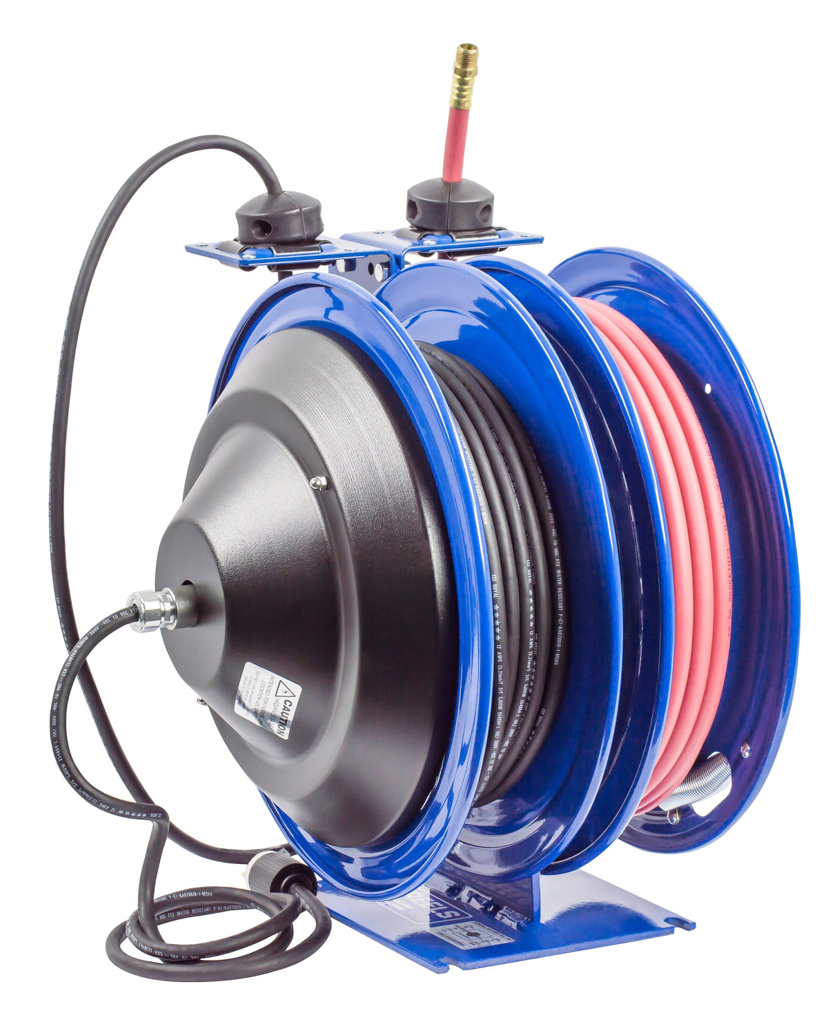 C-L350-5012-F by Coxreels | C Air-Electric | 300 PSI Spring Driven Air Hose & Power Cord Combo Reel w/ GFCI Receptacle | 3/8" Hose ID, 3/8" FNPT Inlet x 3/8" MNPT Hose End | 12/3 SJO Cord, 20A | Steel | 50ft PVC Hose & 50ft Cord Included