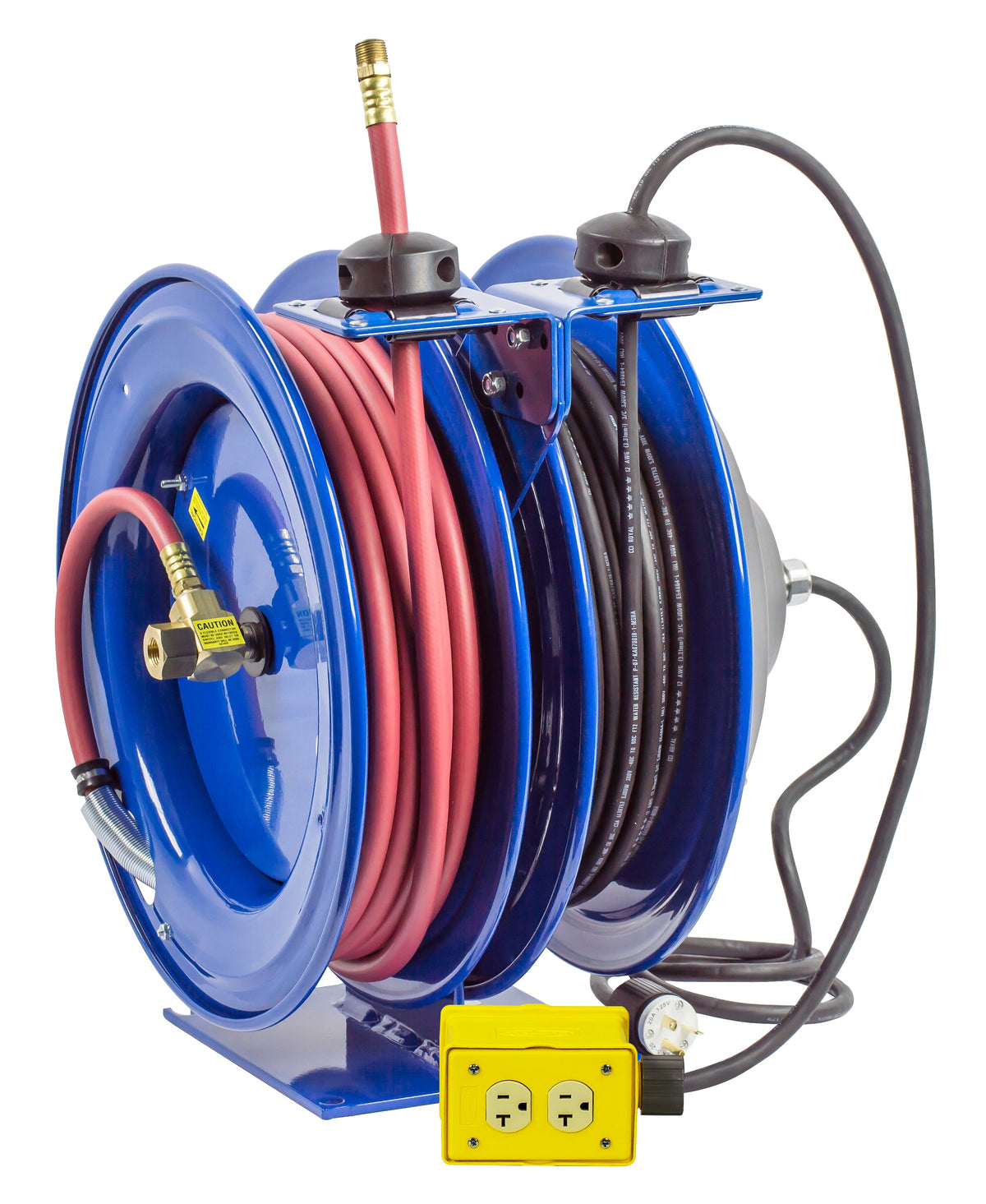 C-L350-5012-B by Coxreels | C Air-Electric | 300 PSI Spring Driven Air Hose & Power Cord Combo Reel w/ Quad Industrial Receptacle | 3/8" Hose ID, 3/8" FNPT Inlet x 3/8" MNPT Hose End | 12/3 SJO Cord, 20A | Steel | 50ft PVC Hose & 50ft Cord Included