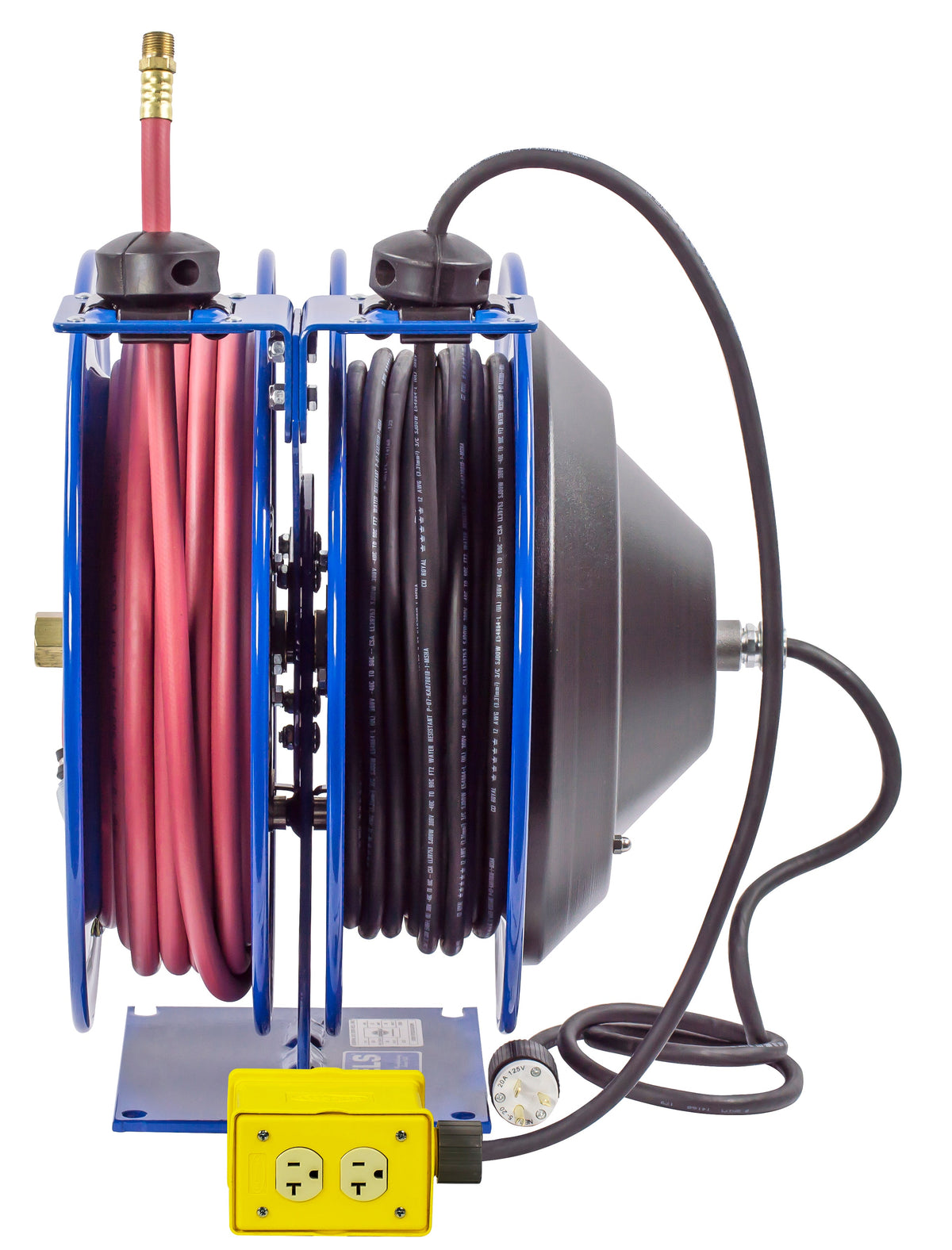 C-L350-5012-B by Coxreels | C Air-Electric | 300 PSI Spring Driven Air Hose & Power Cord Combo Reel w/ Quad Industrial Receptacle | 3/8" Hose ID, 3/8" FNPT Inlet x 3/8" MNPT Hose End | 12/3 SJO Cord, 20A | Steel | 50ft PVC Hose & 50ft Cord Included