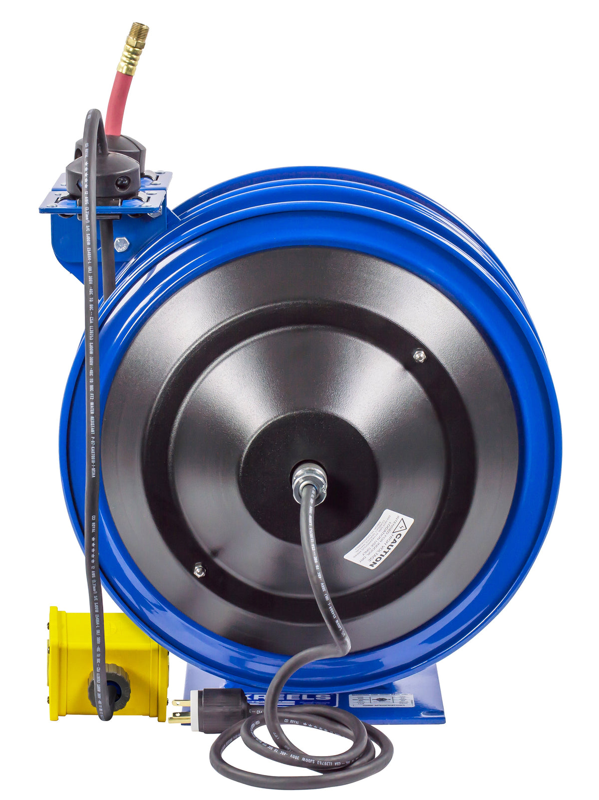 C-L350-5012-B by Coxreels | C Air-Electric | 300 PSI Spring Driven Air Hose & Power Cord Combo Reel w/ Quad Industrial Receptacle | 3/8" Hose ID, 3/8" FNPT Inlet x 3/8" MNPT Hose End | 12/3 SJO Cord, 20A | Steel | 50ft PVC Hose & 50ft Cord Included