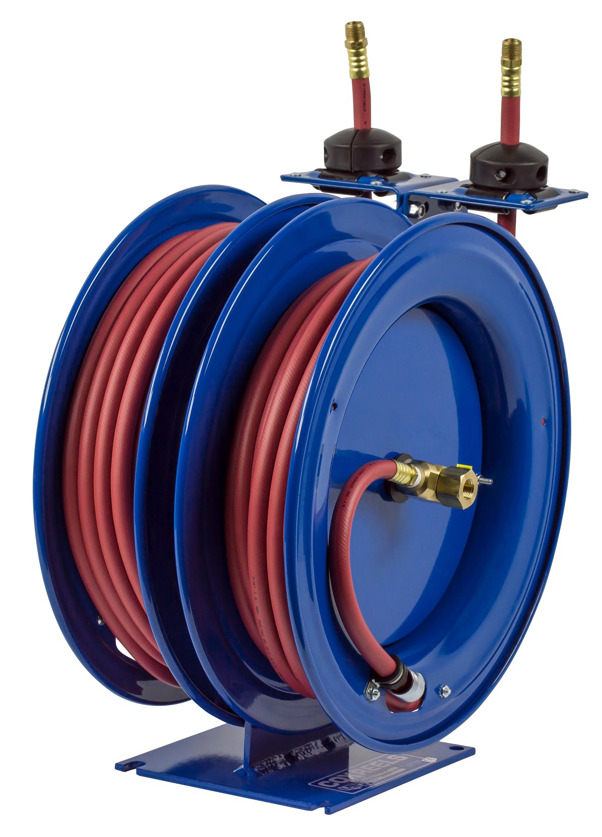 C-LP-335-335 by Coxreels | C Series | 300 PSI Dual Hose Spring Driven Hose Reel for Air & Water | 3/8" Hose ID, 3/8" FNPT Inlet x 3/8" MNPT Hose End | Steel | 25ft PVC Hose Included