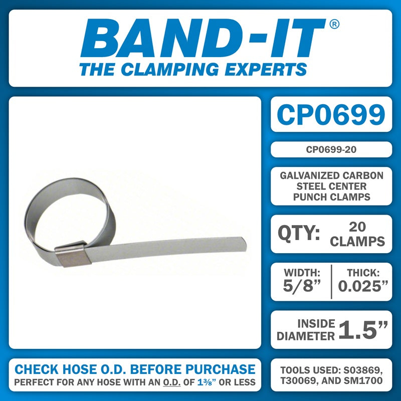 CP0699-20 by Band-It | Center Punch Clamp | 1.5" ID | 5/8" Width | 0.025" Thickness | Galvanized Carbon Steel | 20/Box