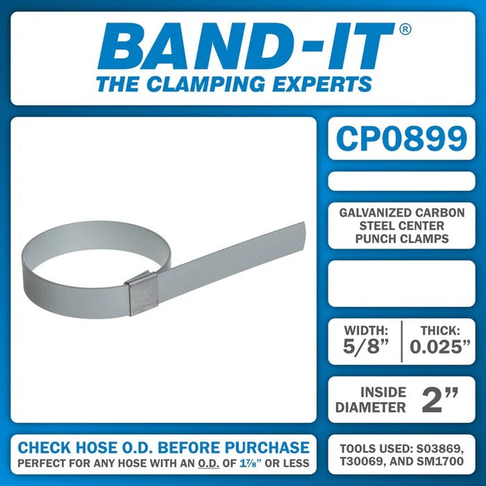 CP0899 by Band-It | Center Punch Clamp | 2" ID | 5/8" Width | 0.025" Thickness | Galvanized Carbon Steel | 100/Box