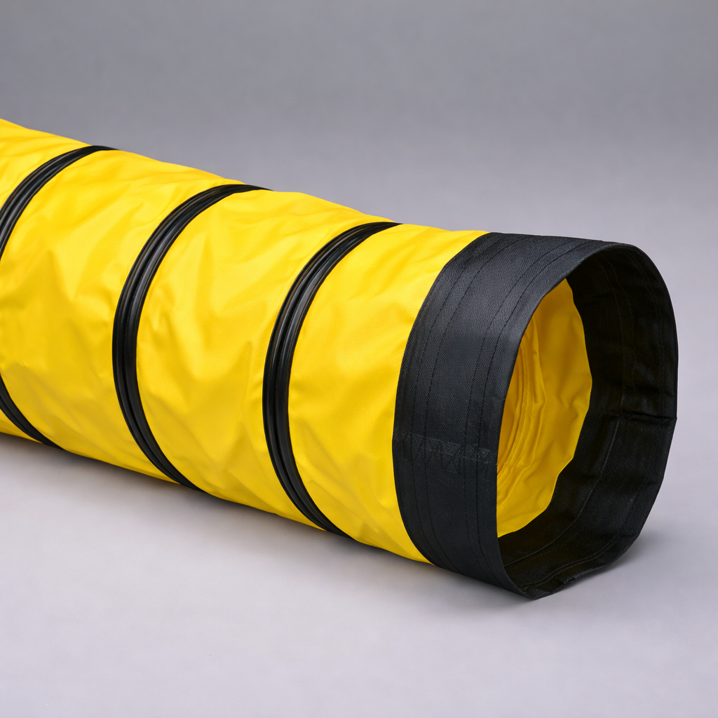 4360140025 by Flexaust | FX-180 Series | Single-ply A/C Ducting | 14" ID | Yellow with black wearstrip | PVC vinyl coated Polyester fabric | 25' Length