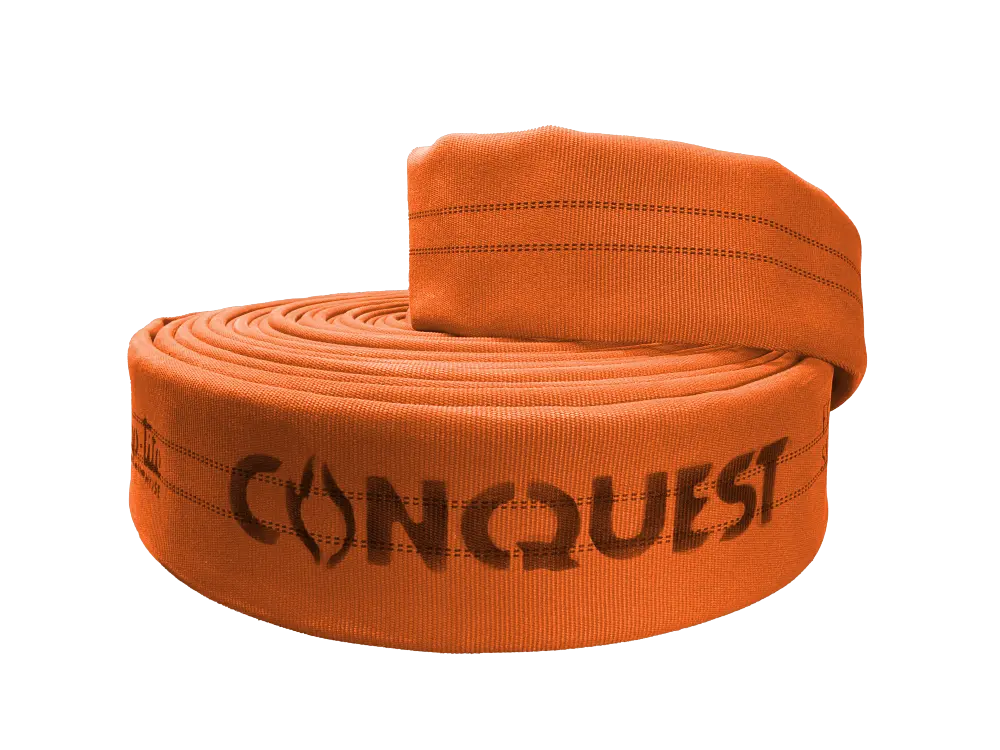 FC40x50O40S by Snap-Tite | CONQUEST Series | Double Jacket Polyester Fire Hose Assembly with Polyurethane Thru-the-Weave | 4" Hose I.D. with 4" Storzs | 300 PSI | Orange Dura-Cote | 50ft Length