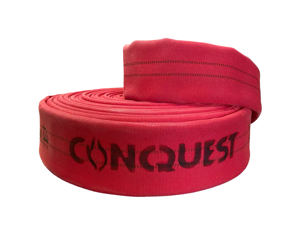 FC50x50R50S by Snap-Tite | CONQUEST Series | Double Jacket Polyester Fire Hose Assembly with Polyurethane Thru-the-Weave | 5" Hose I.D. with 5" Storzs | 300 PSI | Red Dura-Cote | 50ft Length