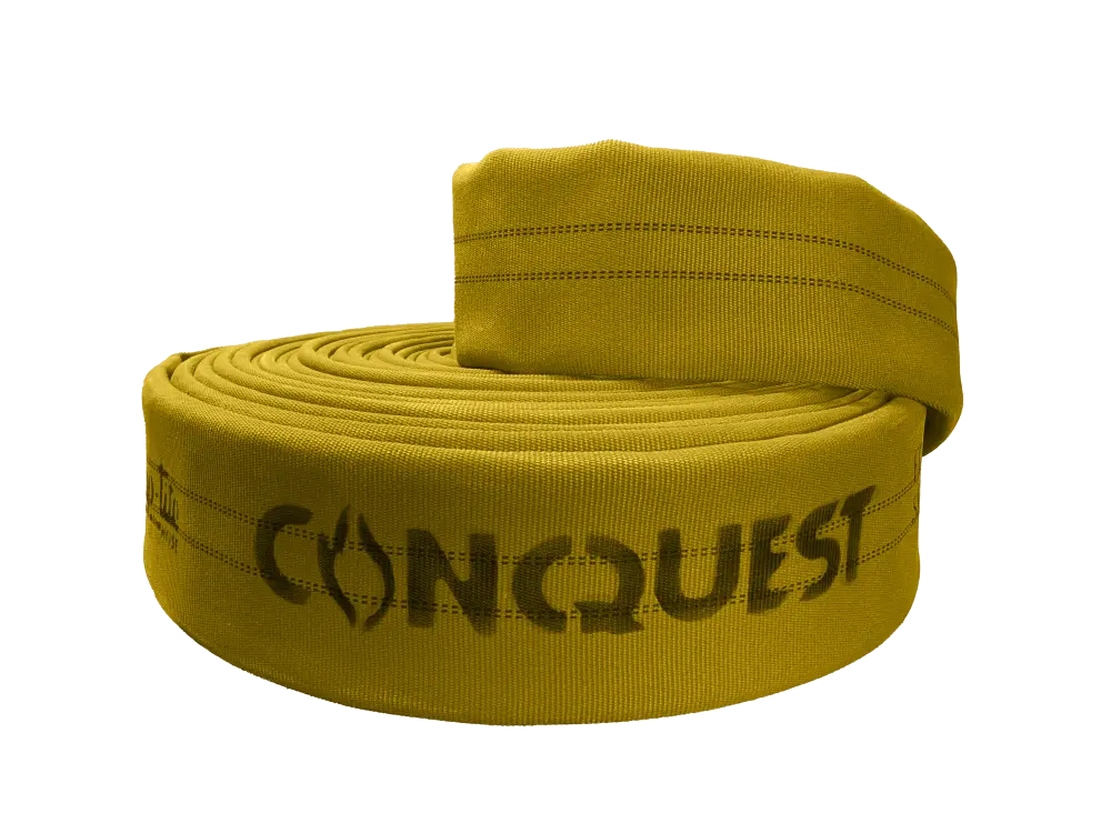 FC50x100Y50S by Snap-Tite | CONQUEST Series | Double Jacket Polyester Fire Hose Assembly with Polyurethane Thru-the-Weave | 5" Hose I.D. with 5" Storzs | 300 PSI | Yellow Dura-Cote | 100ft Length