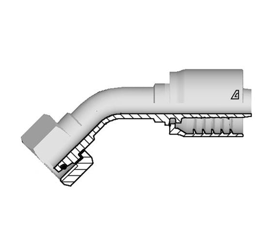 D-0822-FM4L Alfagomma by Kuriyama | D Series | One-Piece AlfaCrimp Hydraulic Hose Fitting | DIN 3865 Light | 45° Elbow | -08 Hose ID x M22 Female Metric Swivel O-Ring 24° Seat | Steel