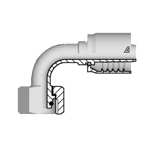 D-0620-FM9H Alfagomma by Kuriyama | D Series | One-Piece AlfaCrimp Hydraulic Hose Fitting | DIN 3865 Heavy | 90° Elbow | -06 Hose ID x M20 Female Metric O-Ring Swivel 24° Seat | Steel