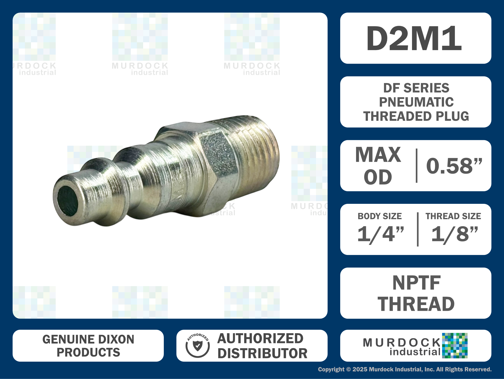 D2M1 by Dixon Valve | Pneumatic Quick Disconnect Coupling | DF-Series | 1/8" Male NPTF x 1/4" Industrial Interchange | Plug | Steel