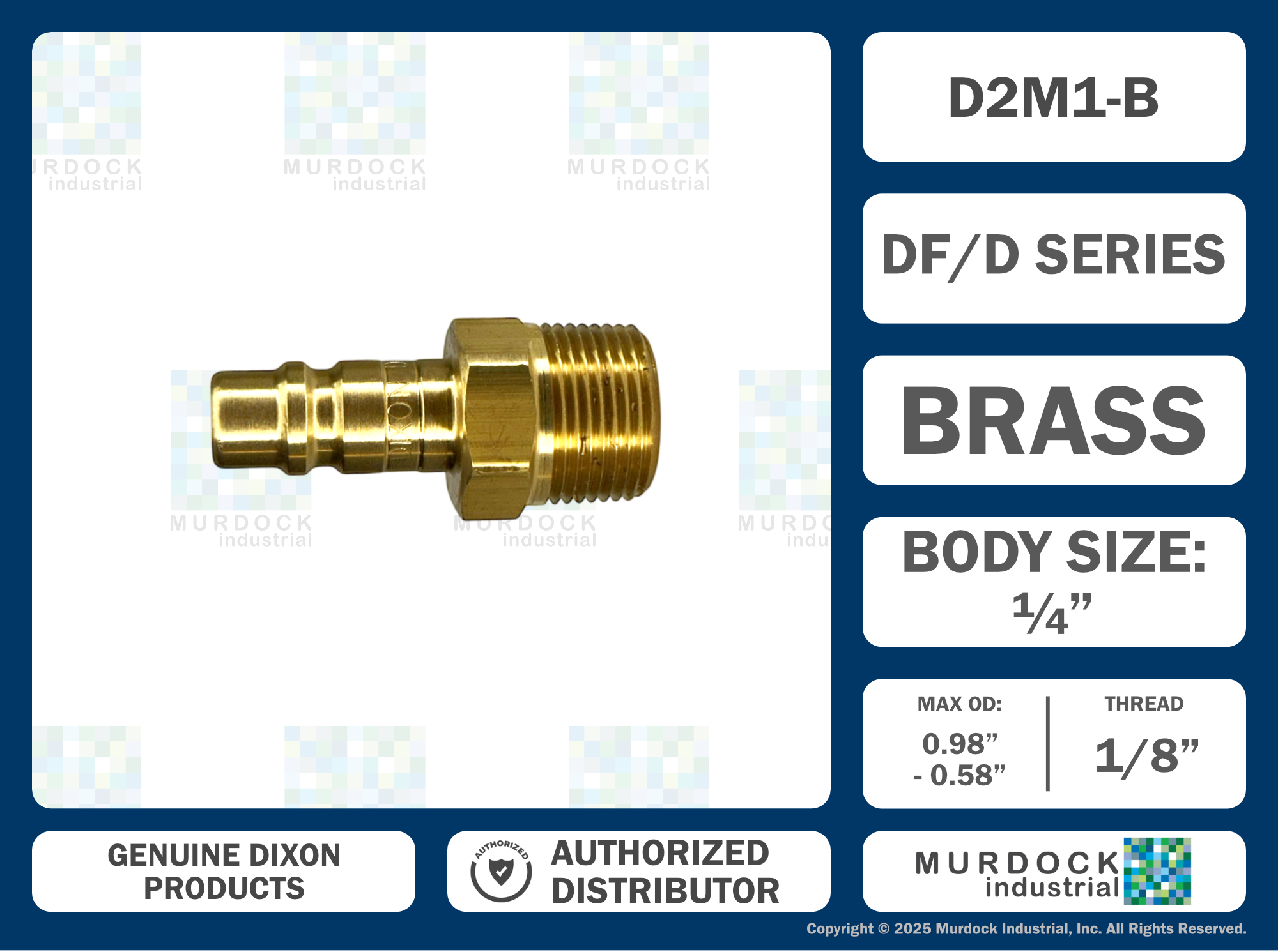 D2M1-B by Dixon Valve | Pneumatic Quick Disconnect Coupling | DF-Series | 1/8" Male NPTF x 1/4" Industrial Interchange | Plug | Brass