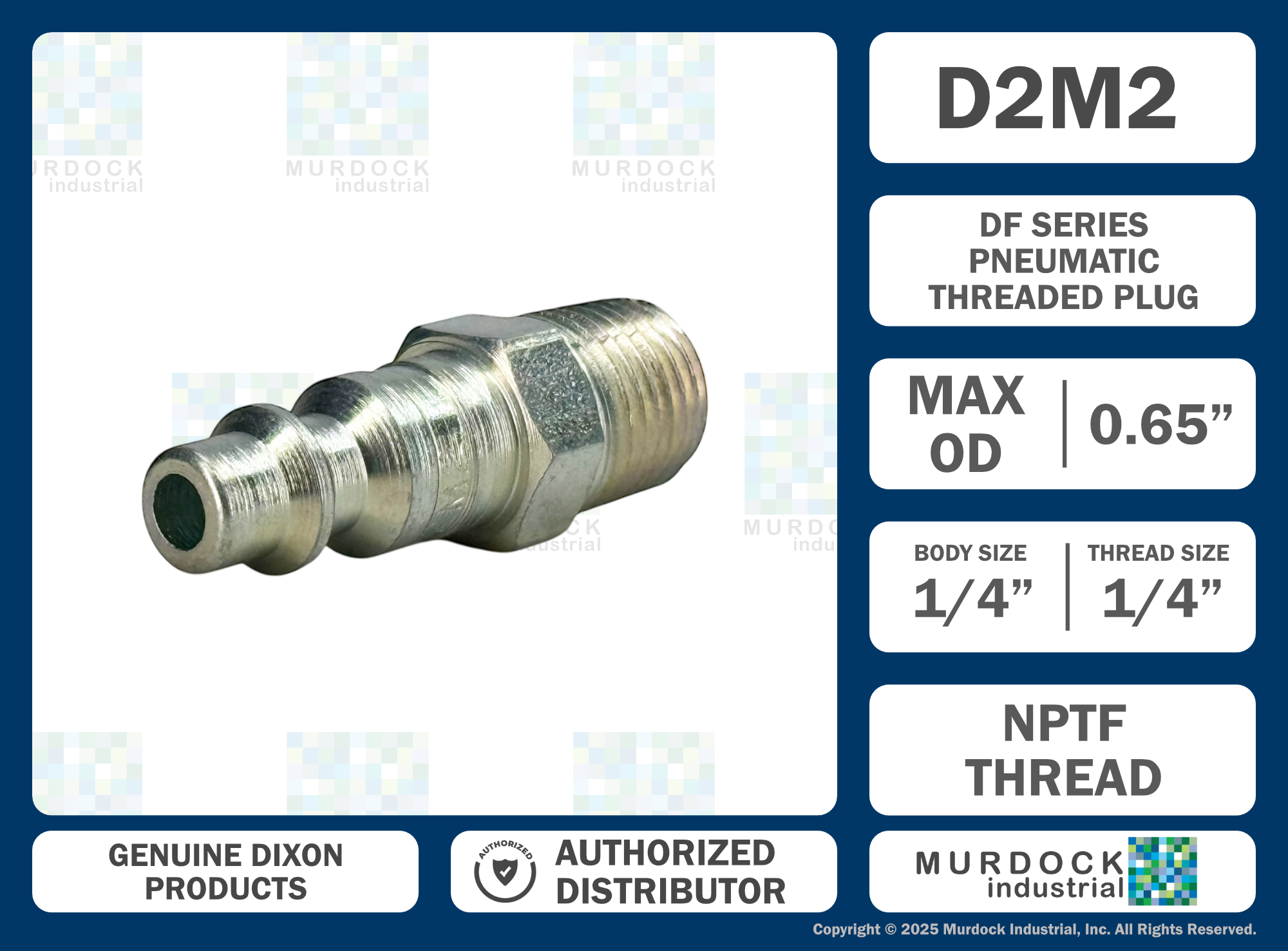D2M2 by Dixon Valve | Pneumatic Quick Disconnect Coupling | DF-Series | 1/4" Male NPTF x 1/4" Industrial Interchange | Plug | Steel