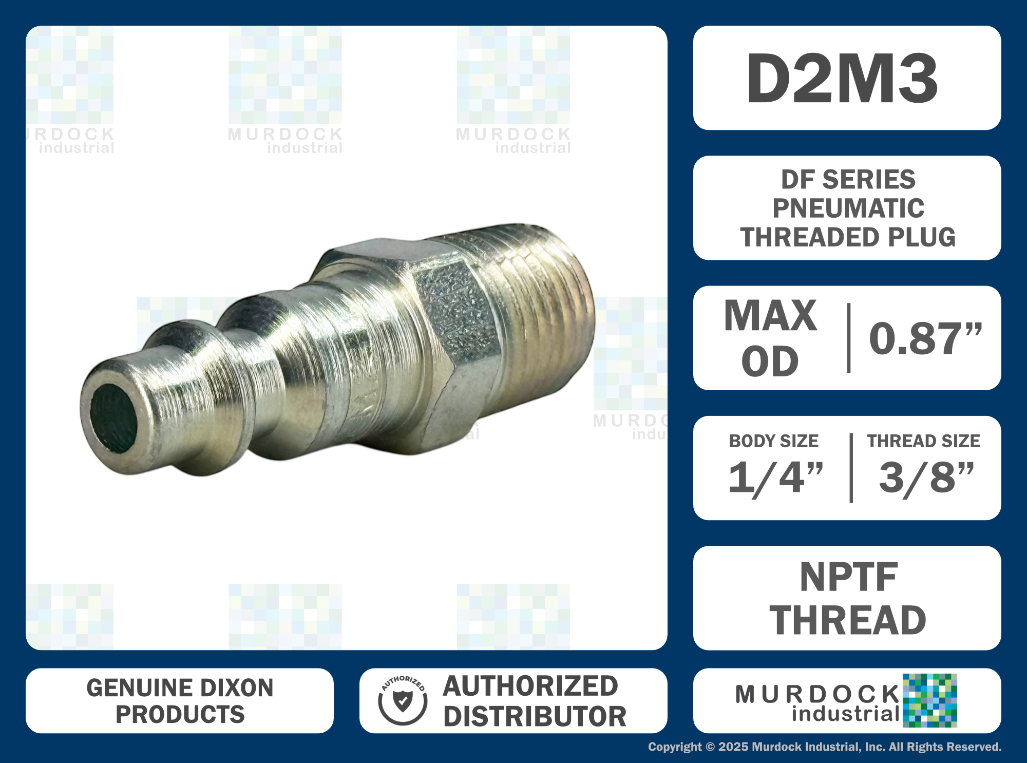 D2M3 by Dixon Valve | Pneumatic Quick Disconnect Coupling | DF-Series | 3/8" Male NPTF x 1/4" Industrial Interchange | Plug | Steel