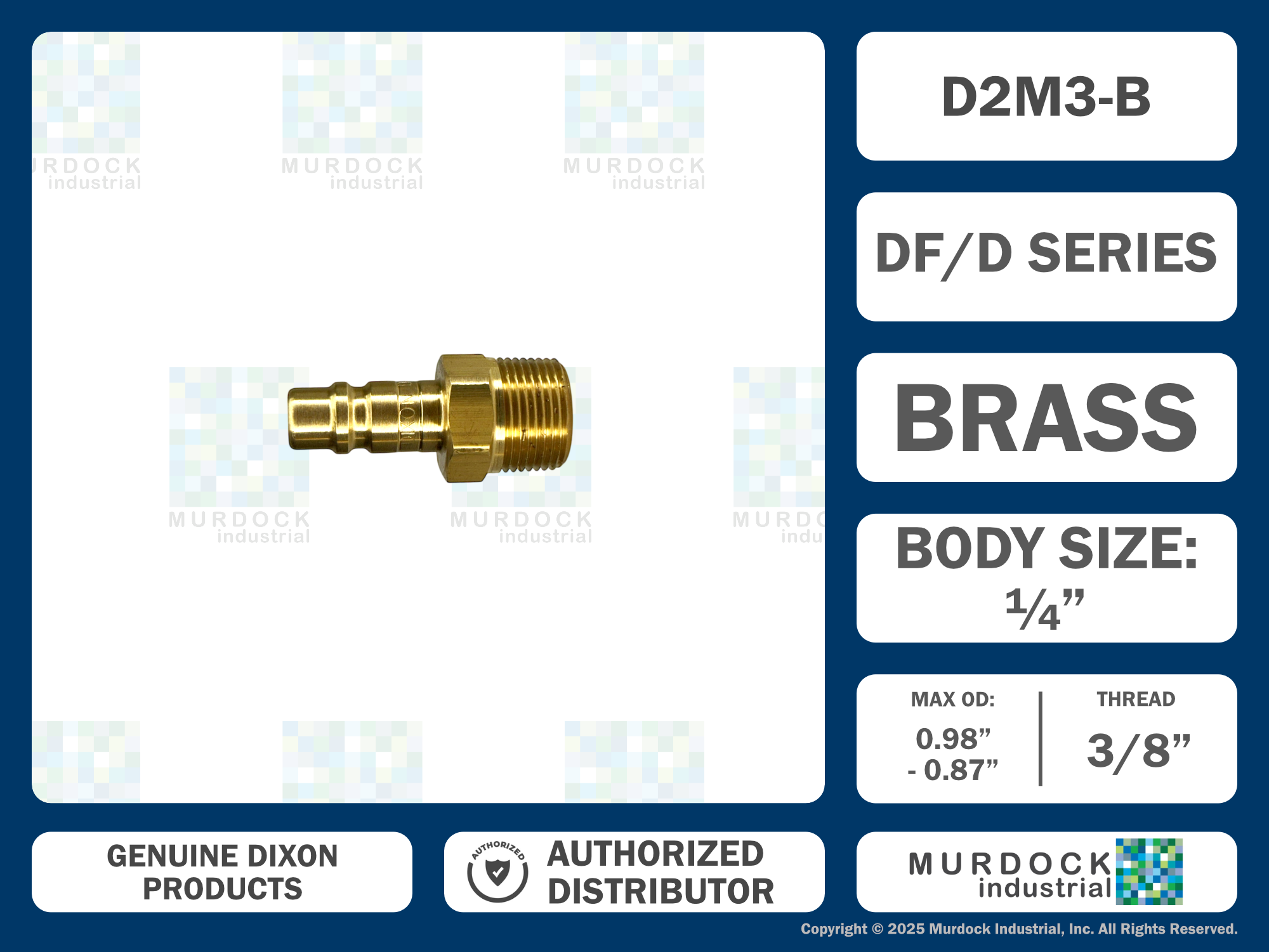 D2M3-B by Dixon Valve | Pneumatic Quick Disconnect Coupling | DF-Series | 3/8" Male NPTF x 1/4" Industrial Interchange | Plug | Brass