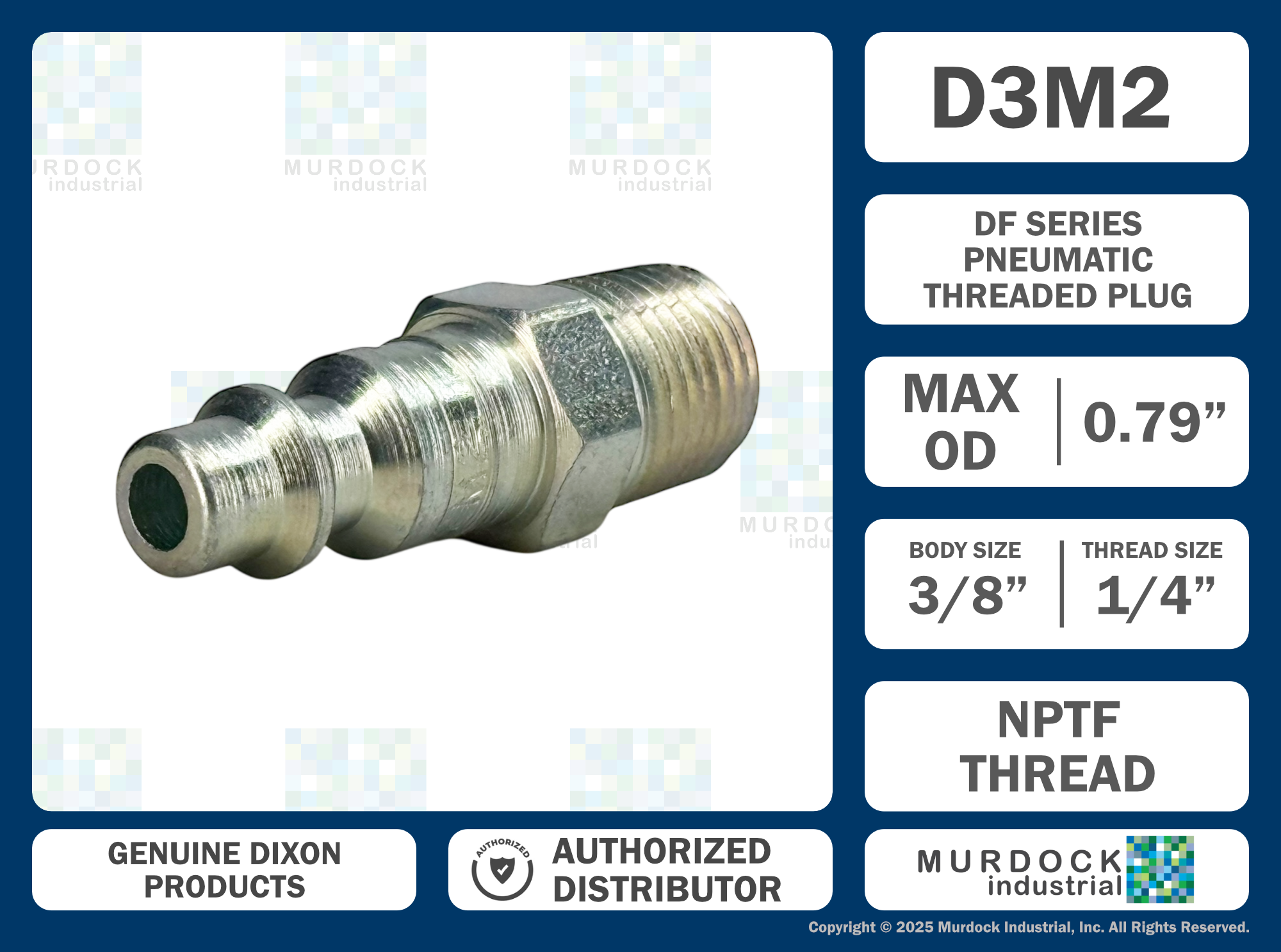 D3M2 by Dixon Valve | Pneumatic Quick Disconnect Coupling | DF-Series | 1/4" Male NPTF x 3/8" Industrial Interchange | Plug | Steel