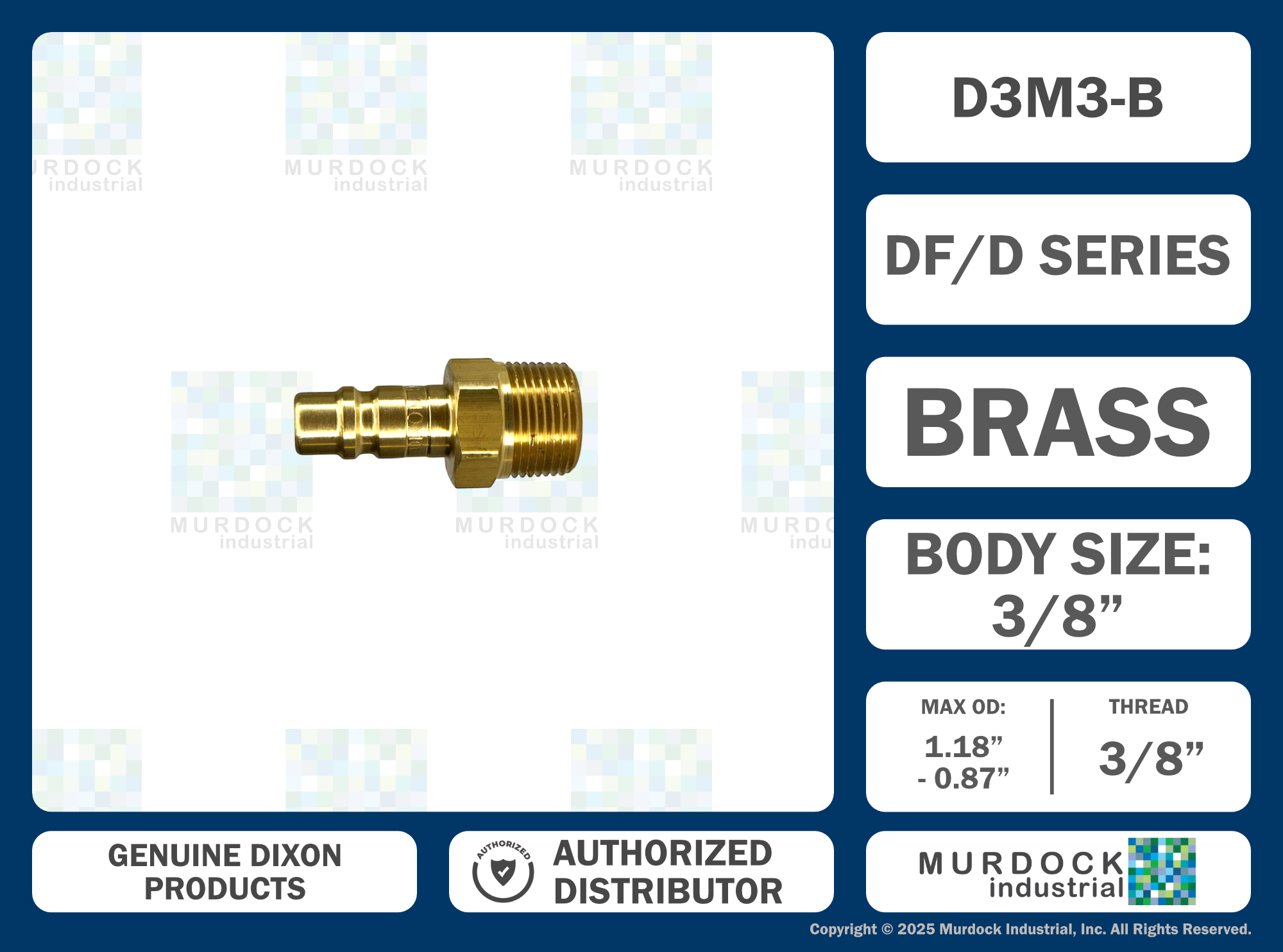 D3M3-B by Dixon Valve | Pneumatic Quick Disconnect Coupling | DF-Series | 3/8" Male NPTF x 3/8" Industrial Interchange | Plug | Brass