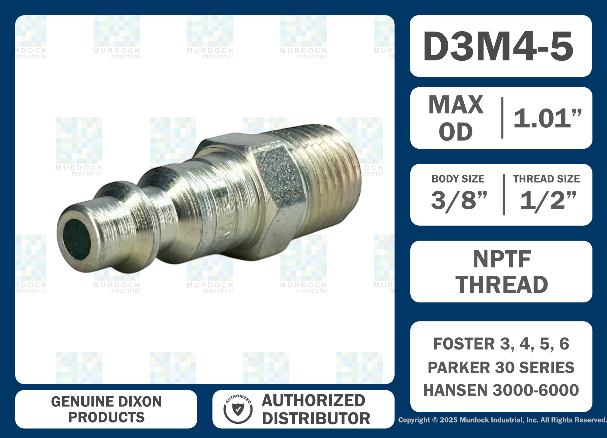 D3M4 by Dixon Valve | Pneumatic Quick Disconnect Coupling | DF-Series | 1/2" Male NPTF x 3/8" Industrial Interchange | Plug | Steel