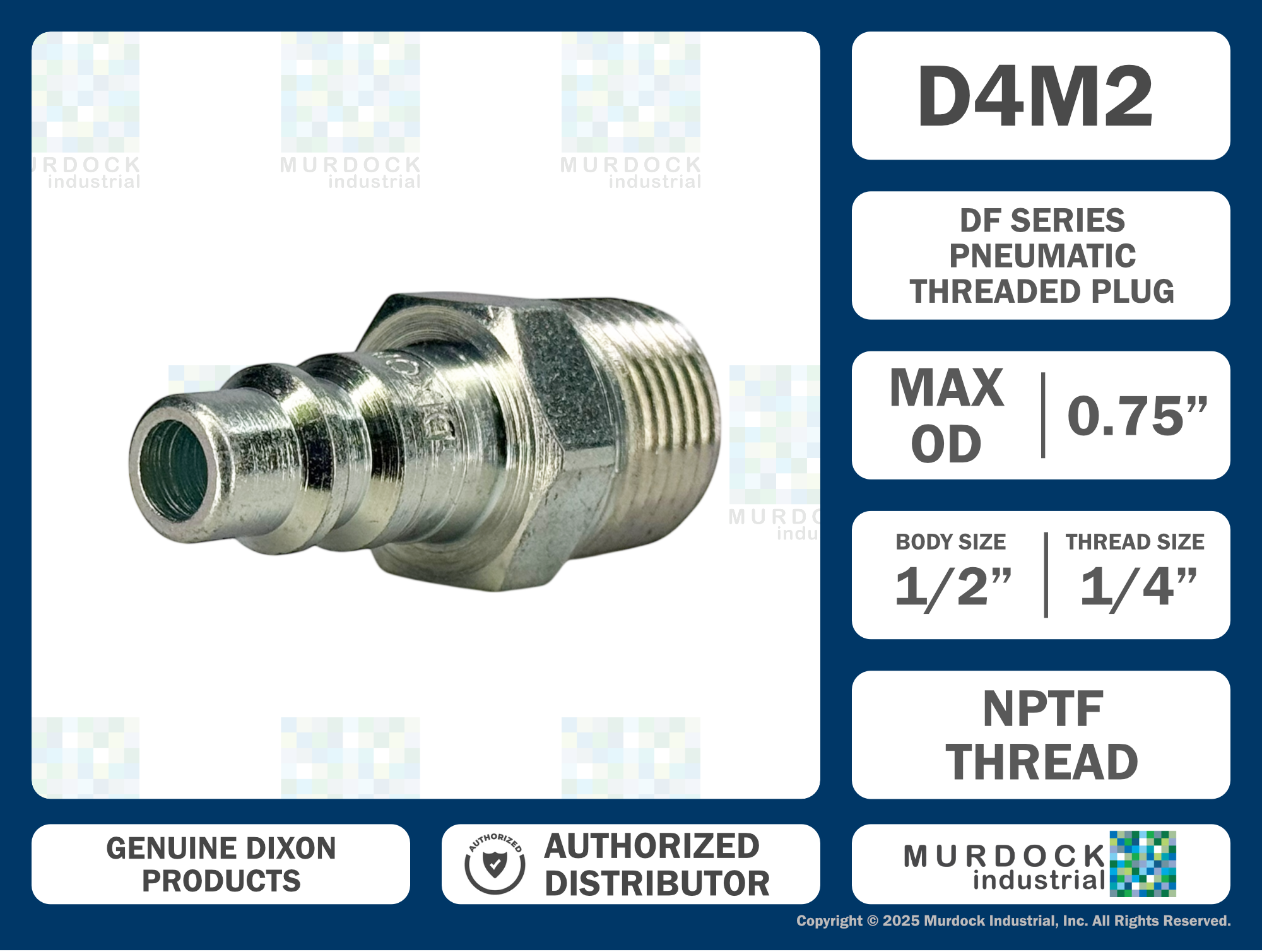 D4M2 by Dixon Valve | Pneumatic Quick Disconnect Coupling | DF-Series | 1/4" Male NPTF x 1/2" Industrial Interchange | Plug | Steel