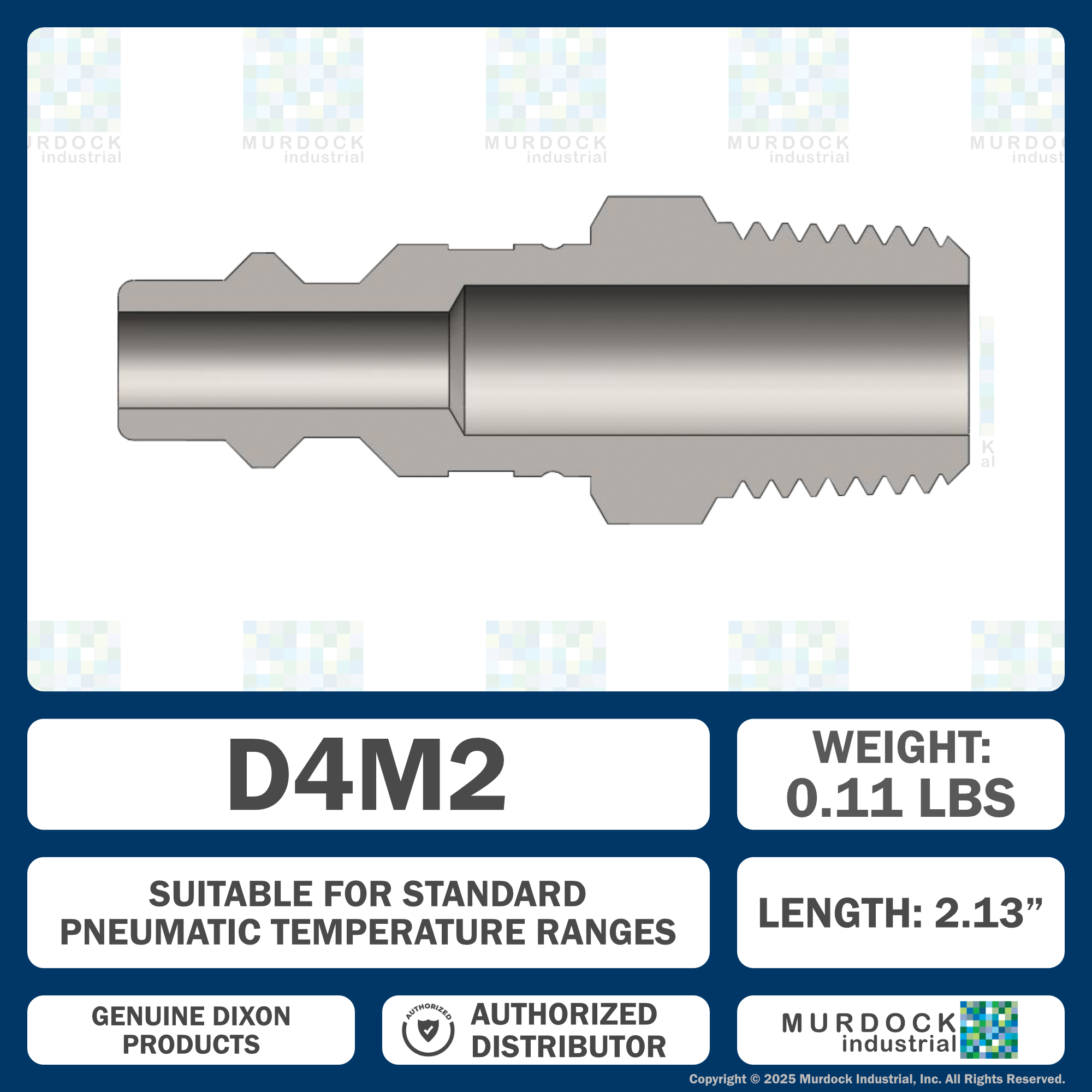 D4M2 by Dixon Valve | Pneumatic Quick Disconnect Coupling | DF-Series | 1/4" Male NPTF x 1/2" Industrial Interchange | Plug | Steel