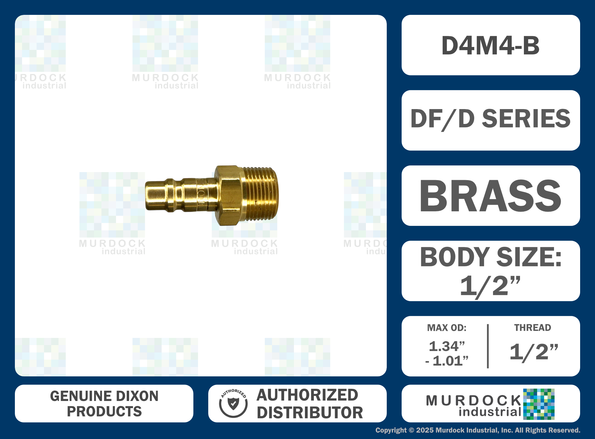 D4M4-B by Dixon Valve | Pneumatic Quick Disconnect Coupling | DF-Series | 1/2" Male NPTF x 1/2" Industrial Interchange | Plug | Brass