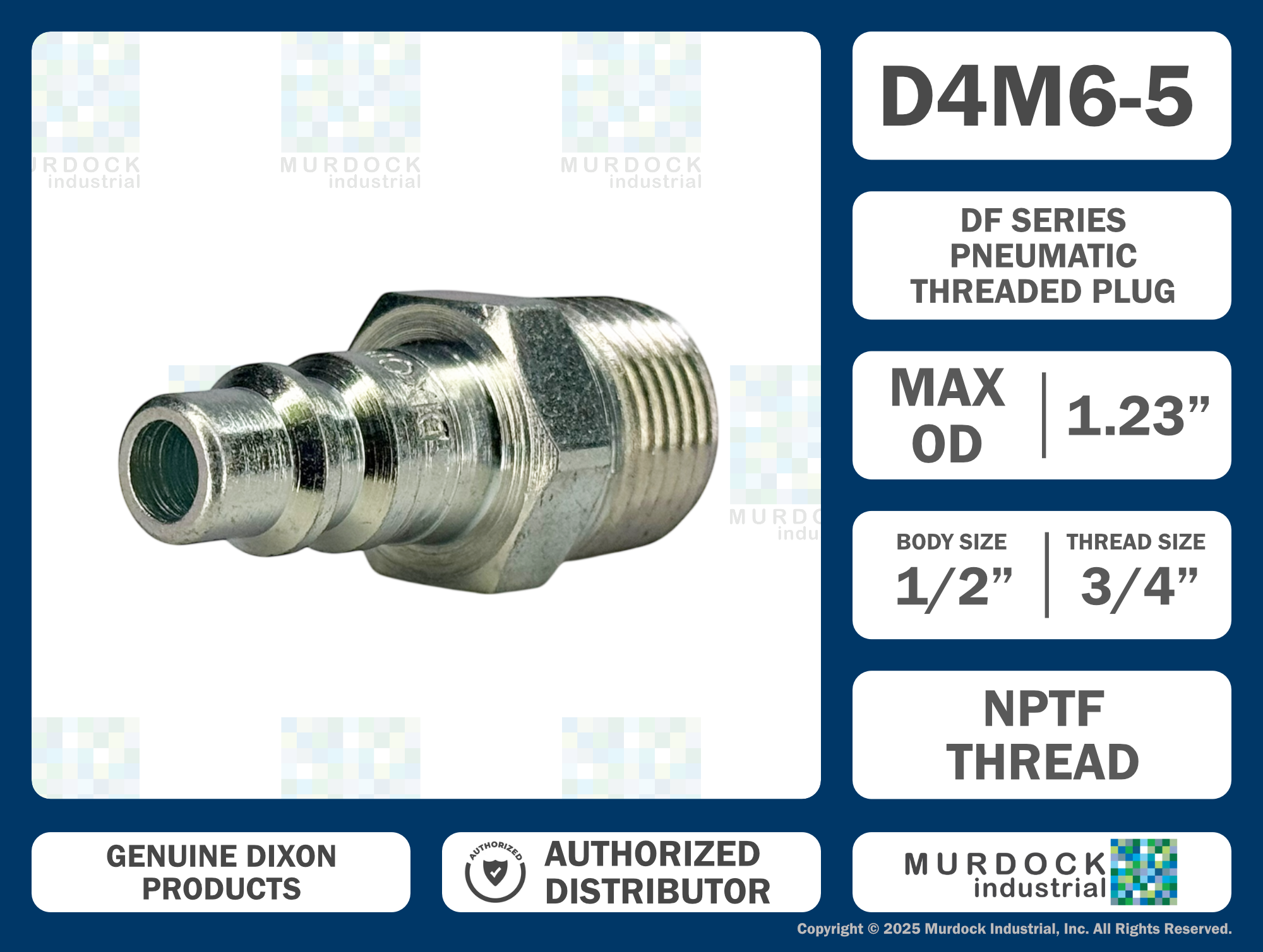D4M6 by Dixon Valve | Pneumatic Quick Disconnect Coupling | DF-Series | 3/4" Male NPTF x 1/2" Industrial Interchange | Plug | Steel