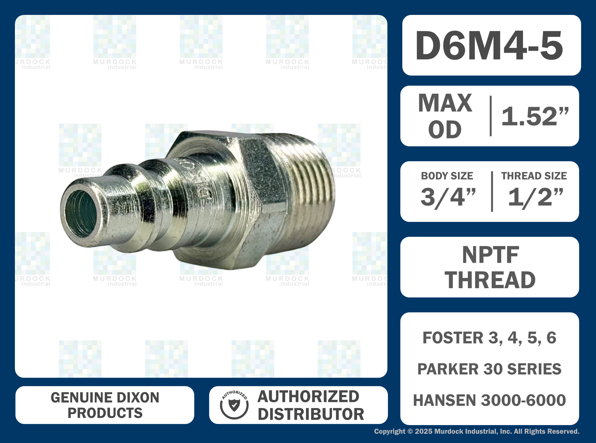 D6M4 by Dixon Valve | Pneumatic Quick Disconnect Coupling | DF-Series | 1/2" Male NPTF x 3/4" Industrial Interchange | Plug | Steel