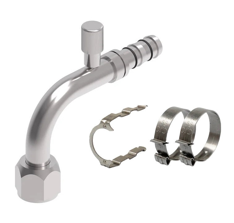 FF14196 Aeroquip by Danfoss | EZ Clip System Fitting Kit | Includes FJ3012-03-1212S Female O-Ring Short Pilot (R134a Low Side Port) 90° Elbow Fitting with FF14174 Clip & Cage Kit