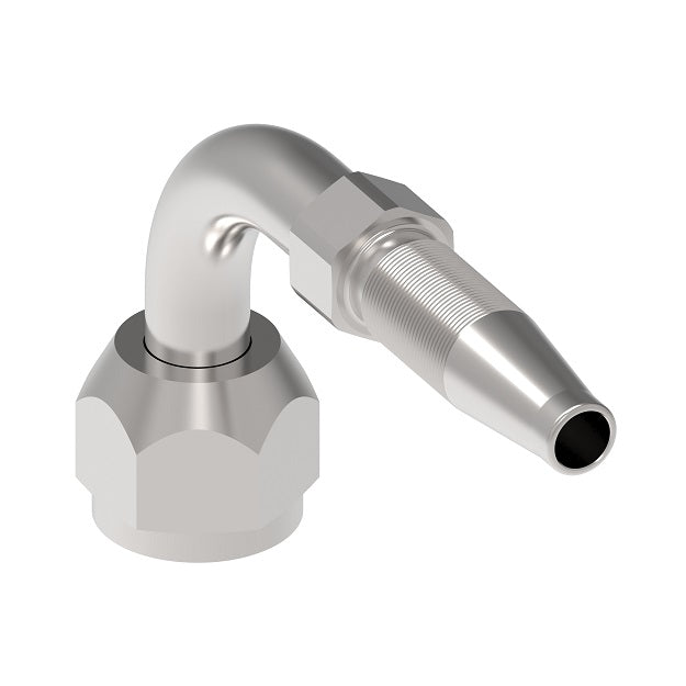 FC6573-0606S Aeroquip by Danfoss | Air Conditioning Crimp Hose Fitting Nipple | 90° Elbow | -06 Female Tube-O x -06 Hose Barb | Carbon Steel