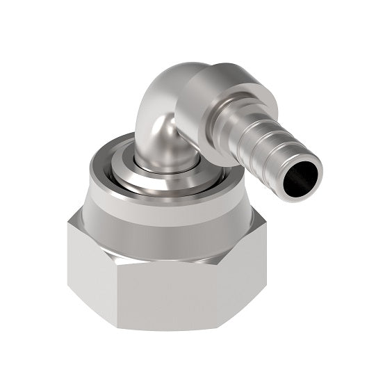 FJ4613-0606S Aeroquip by Danfoss | PTFE Hose Crimp Fitting Nipple | 90° Elbow | -06 Female O-Ring Face Seal x -06 Hose Barb | Carbon Steel